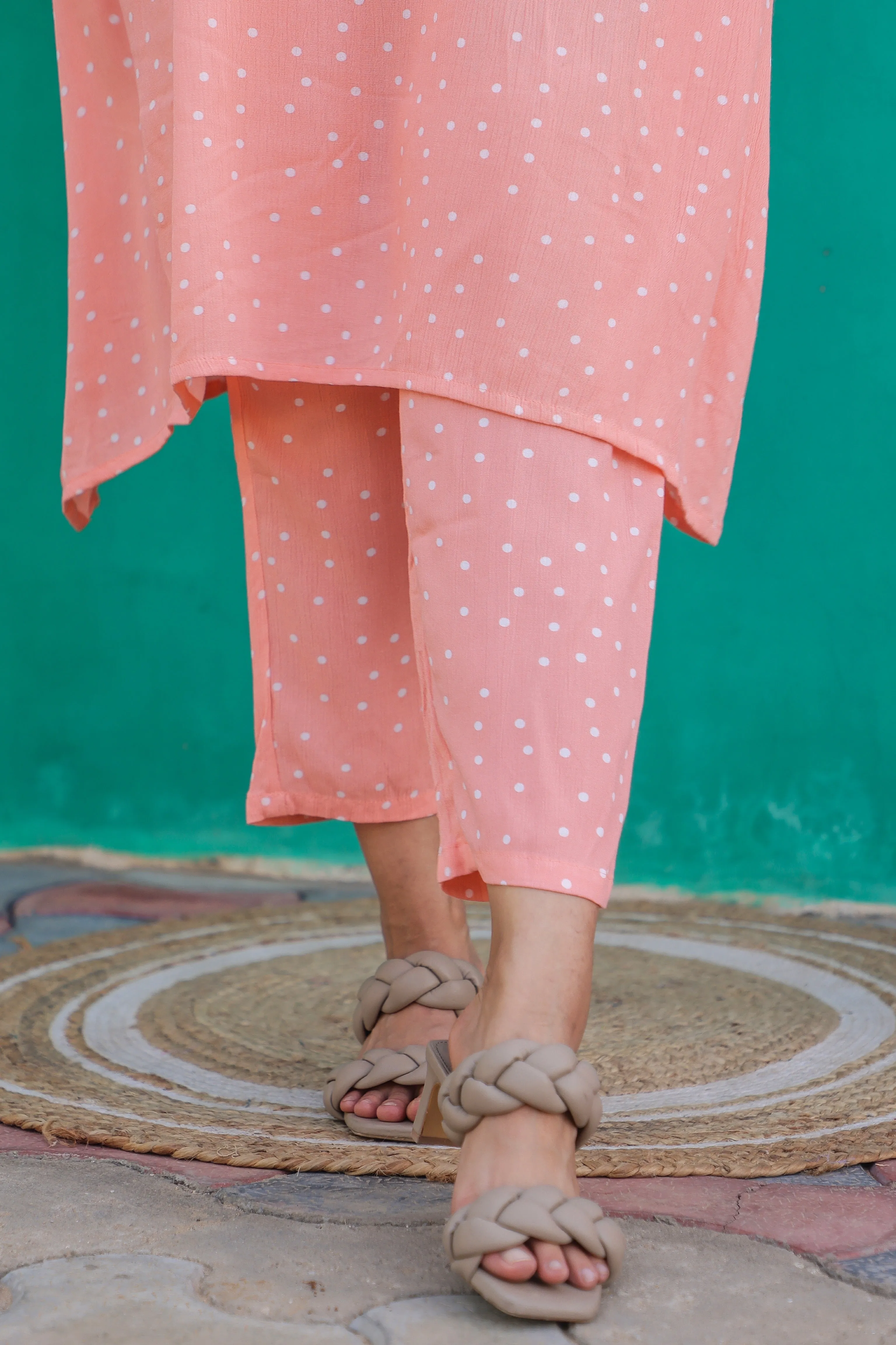 Peach Polka Printed Cowl Neck Co-Ord Set