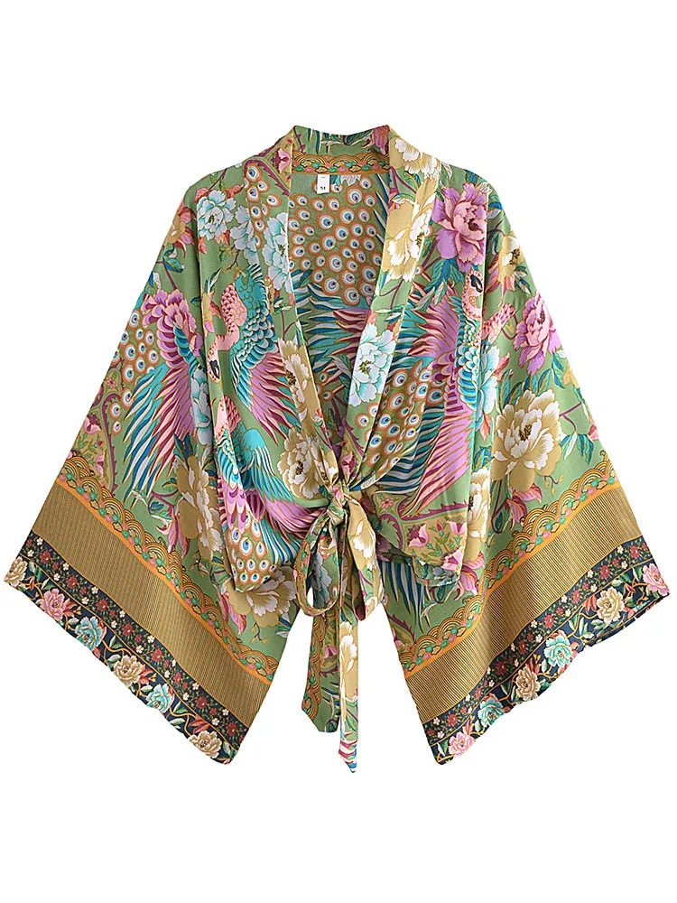 Peacock Boho Short Kimono Wrap Top