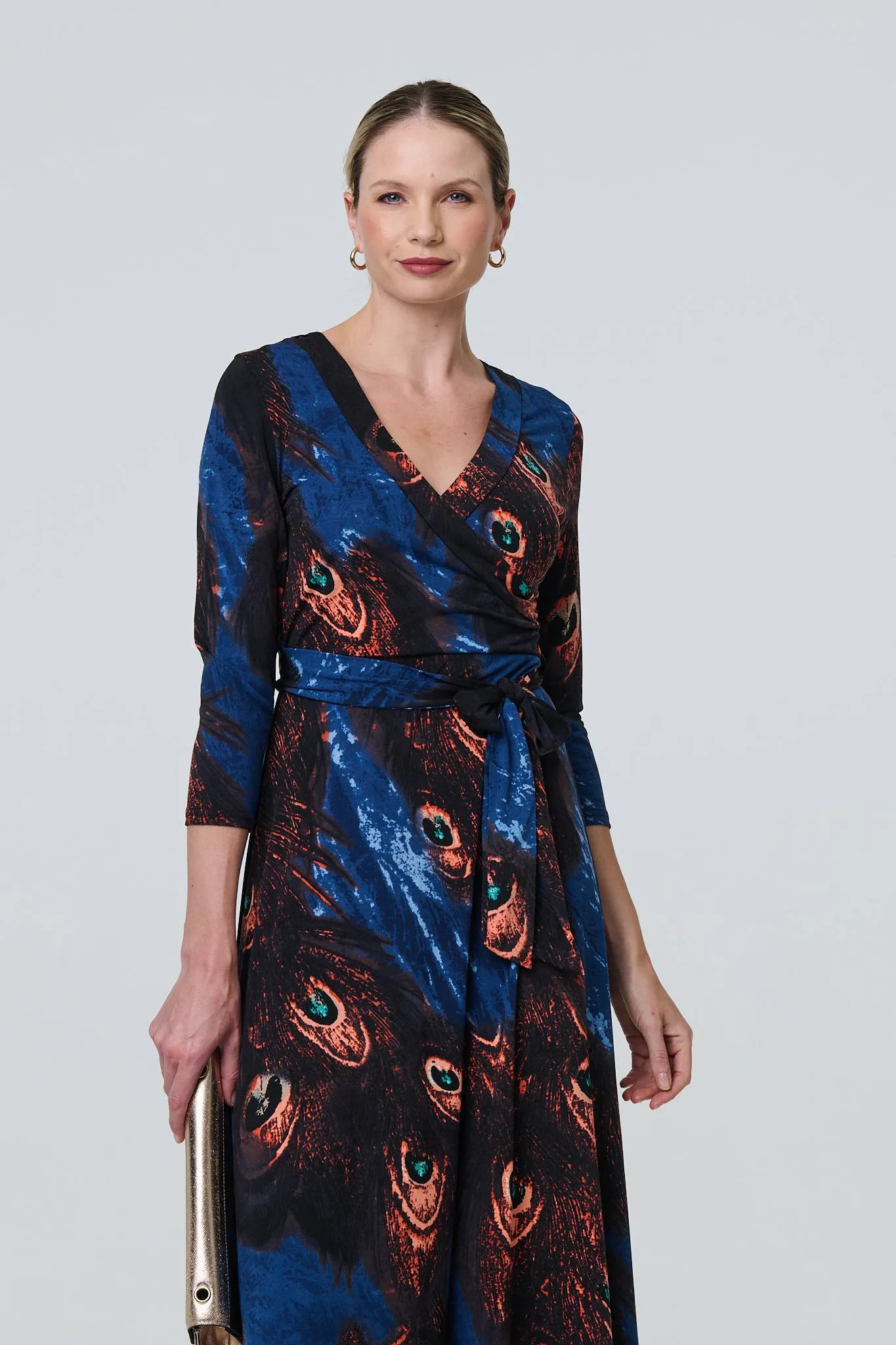 Peacock Print 3/4 Sleeve Wrap Maxi Dress