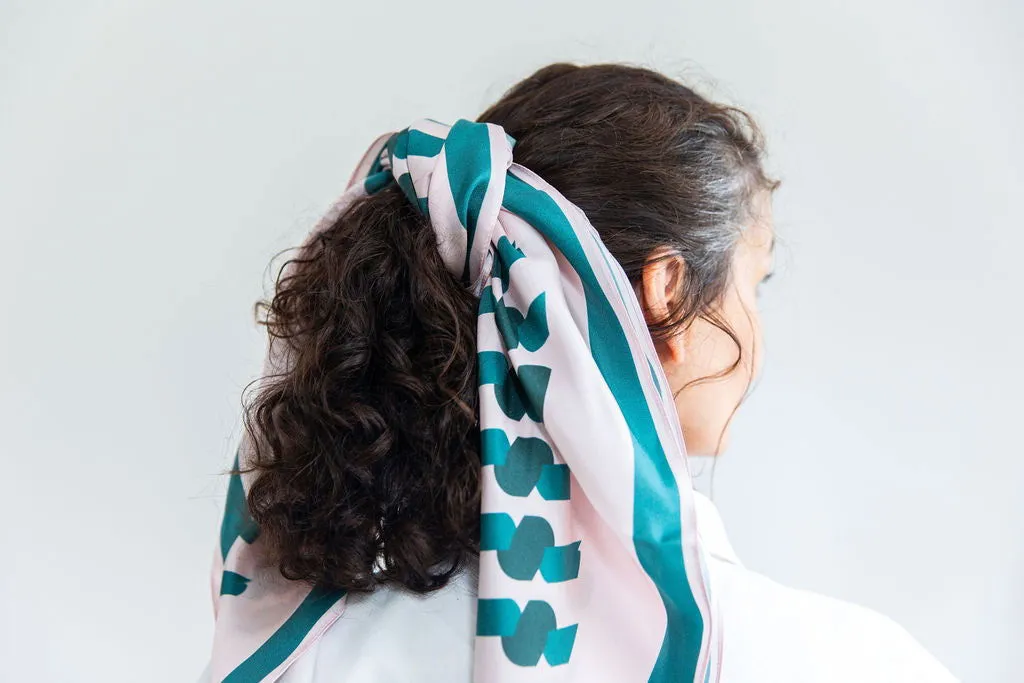 Peony print | pretty pink and Jade green geometric Silk Scarf