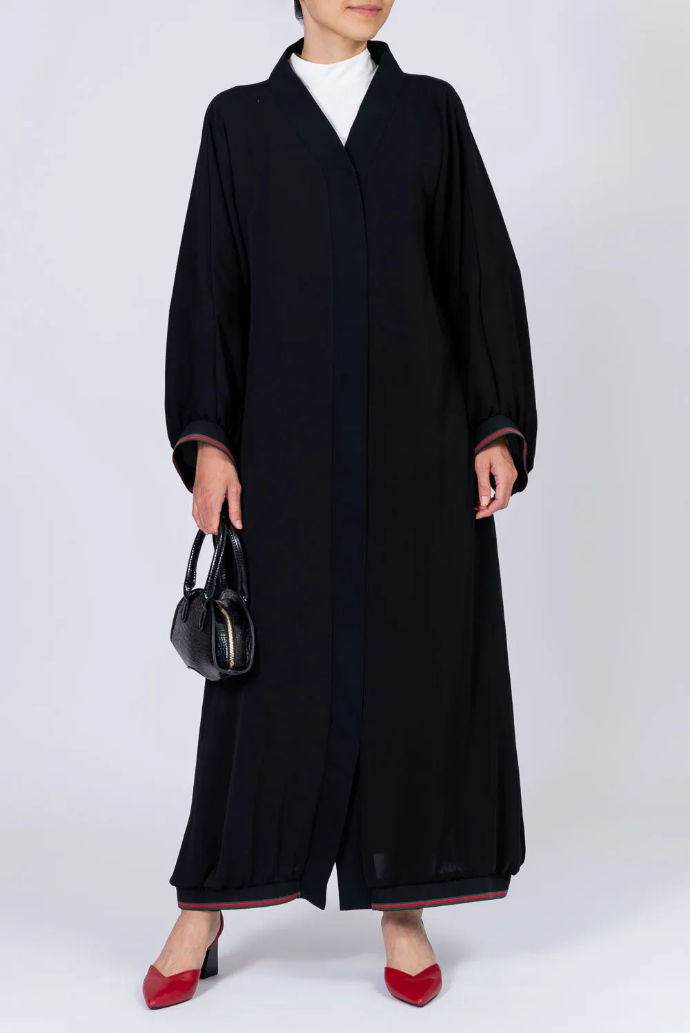 PETITE Black Abaya with Red and Green Stripes