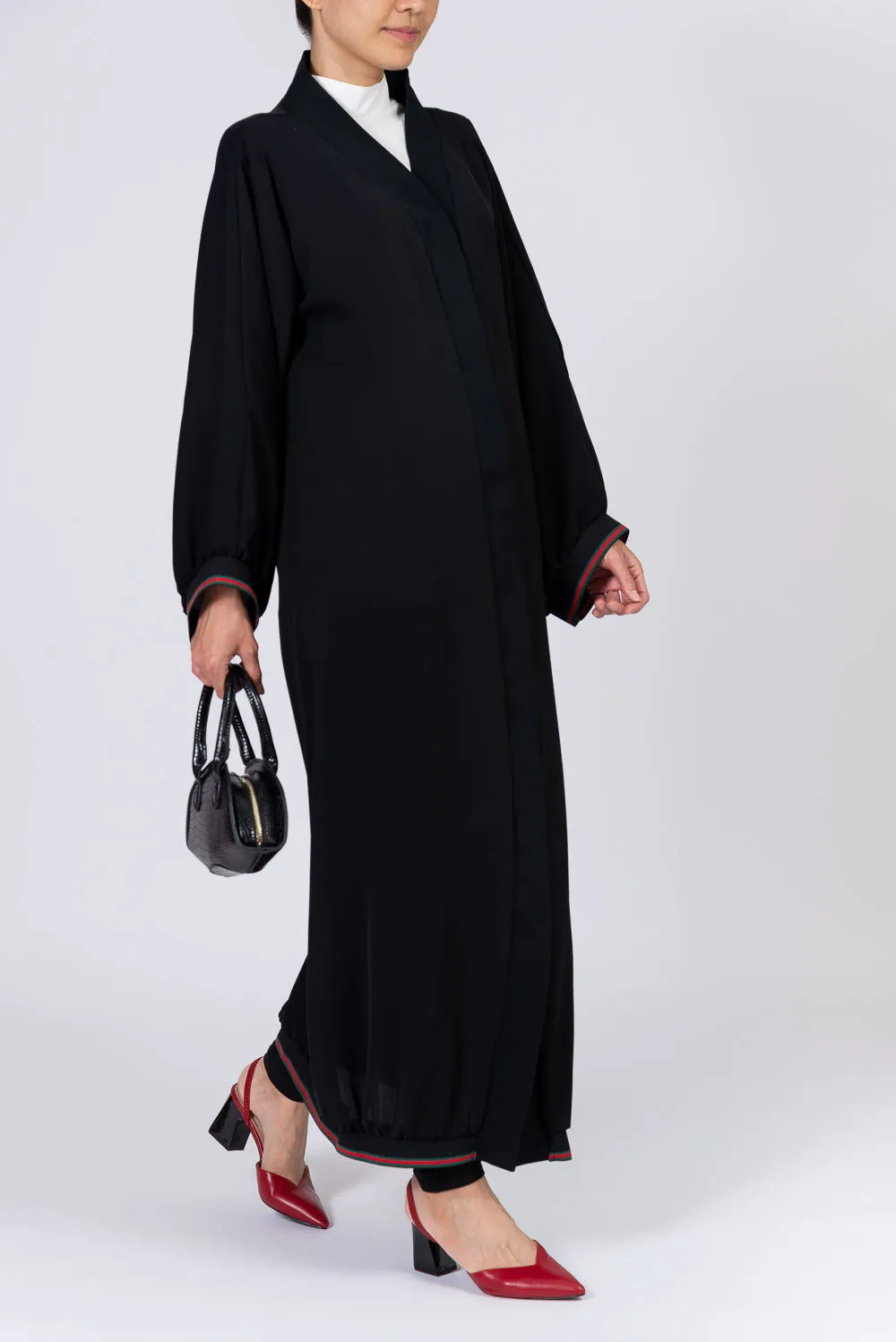 PETITE Black Abaya with Red and Green Stripes