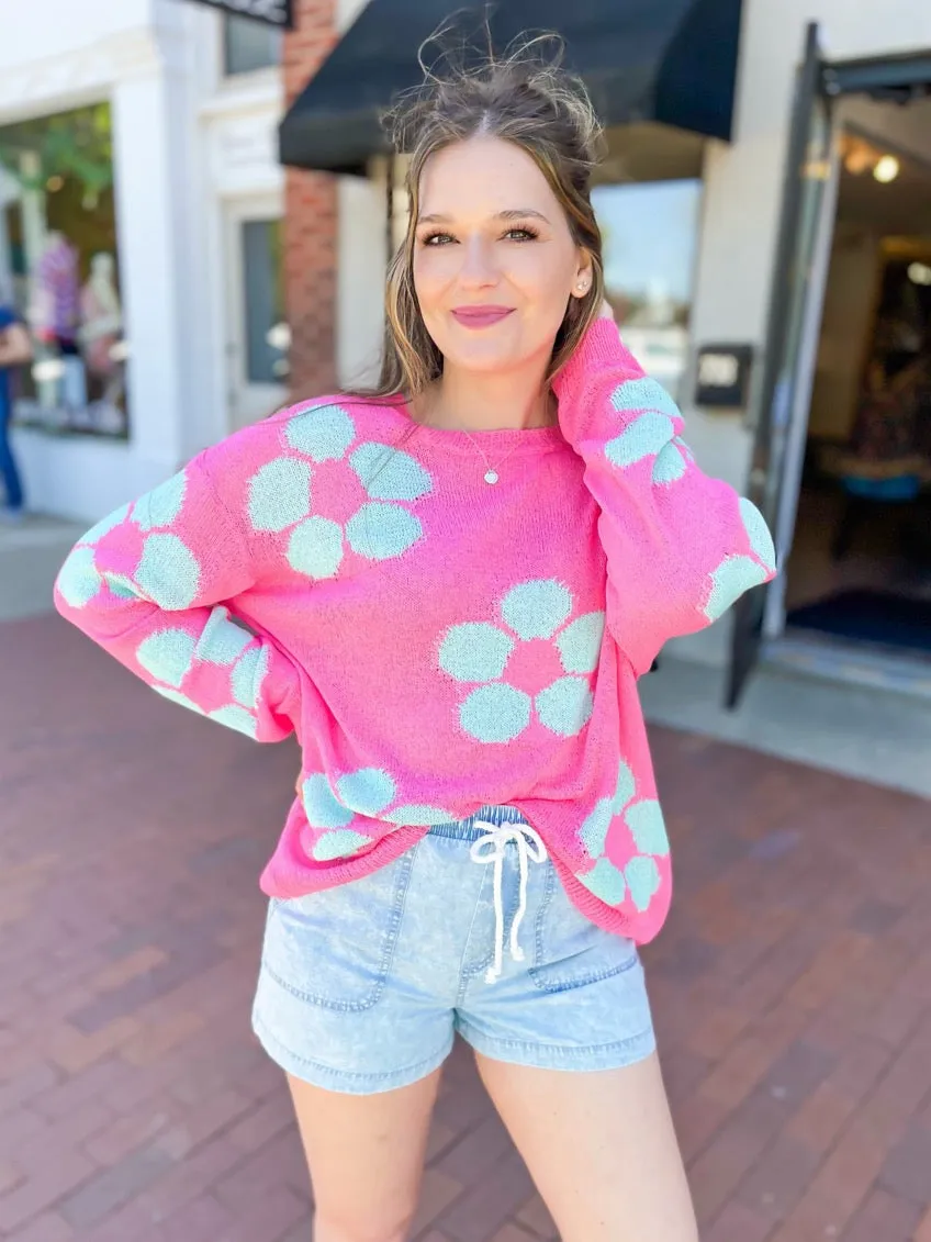 Pink & Blue Flower Knit Sweater