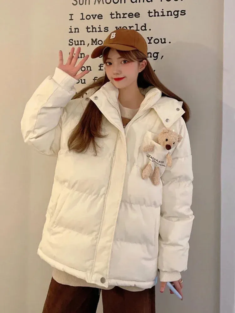 Pink Cartoon Bear Appliques Jacket Parka Women Winter Hooded Coat Warm Casual Parkas Long Sleeve Cotton Liner Thick Outwear