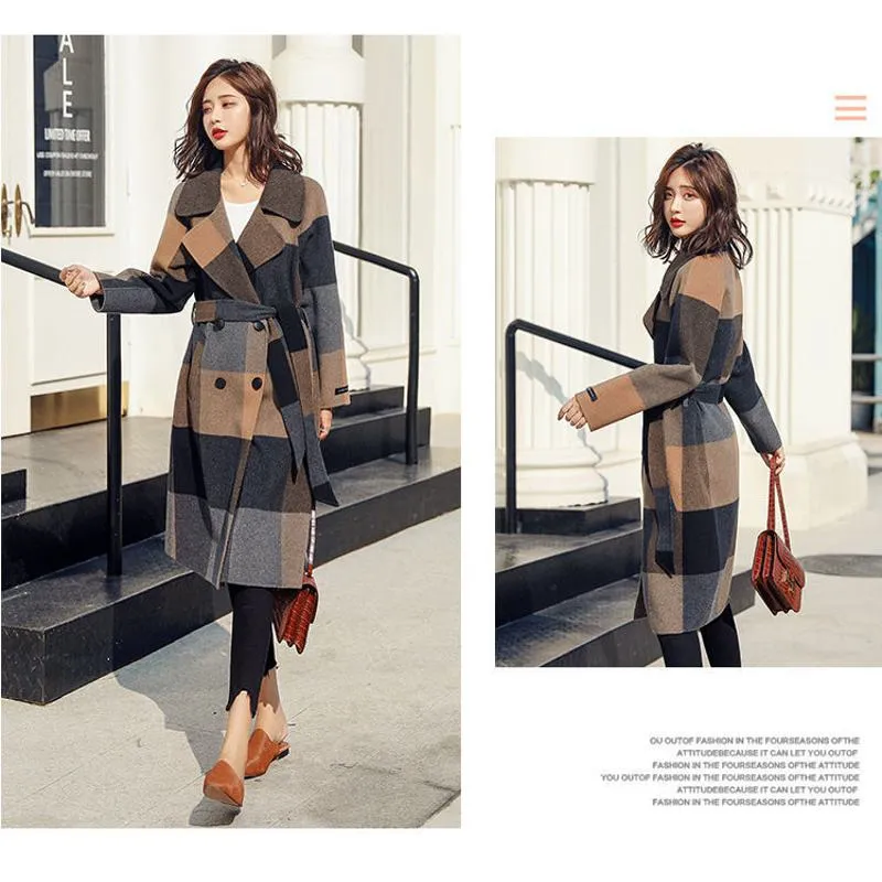 Plaid Woolen Cinched Waist Tie-Up Knee-Length Overcoat