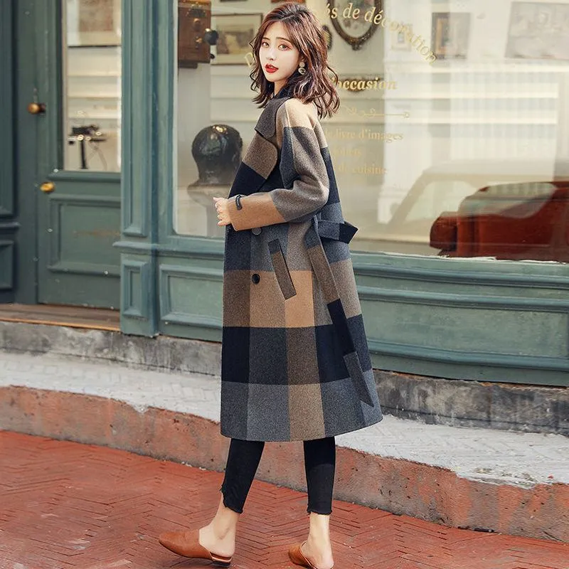 Plaid Woolen Cinched Waist Tie-Up Knee-Length Overcoat