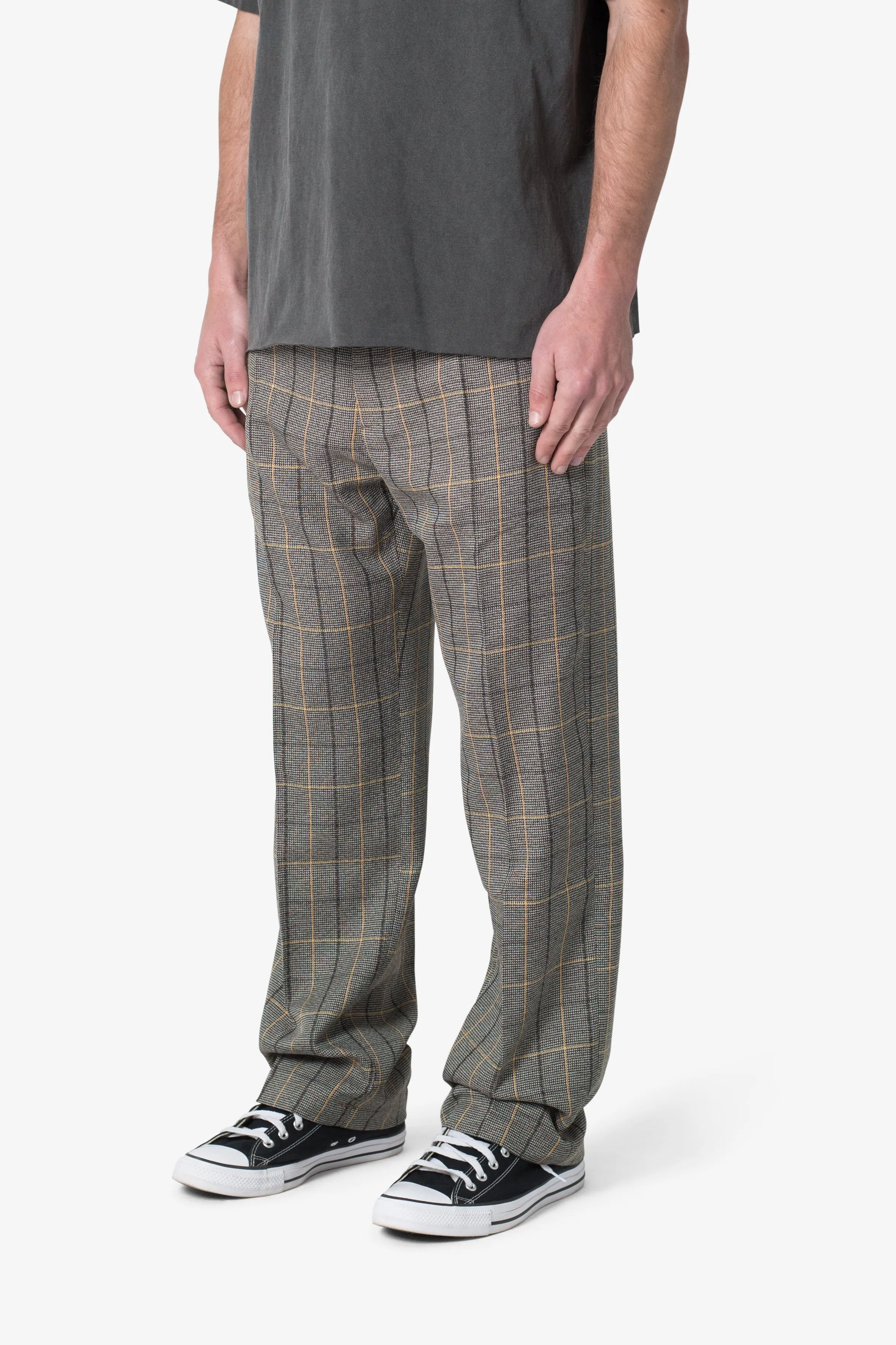 Pleated Plaid Trousers - Light Brown/Cream