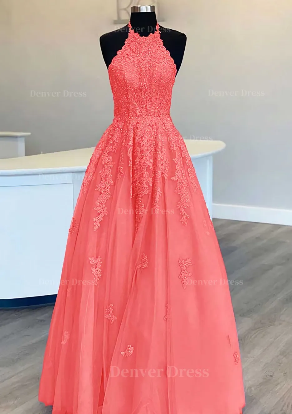 Princess Halter Long/Floor-Length Lace Tulle Prom Dress With Appliqued Beading