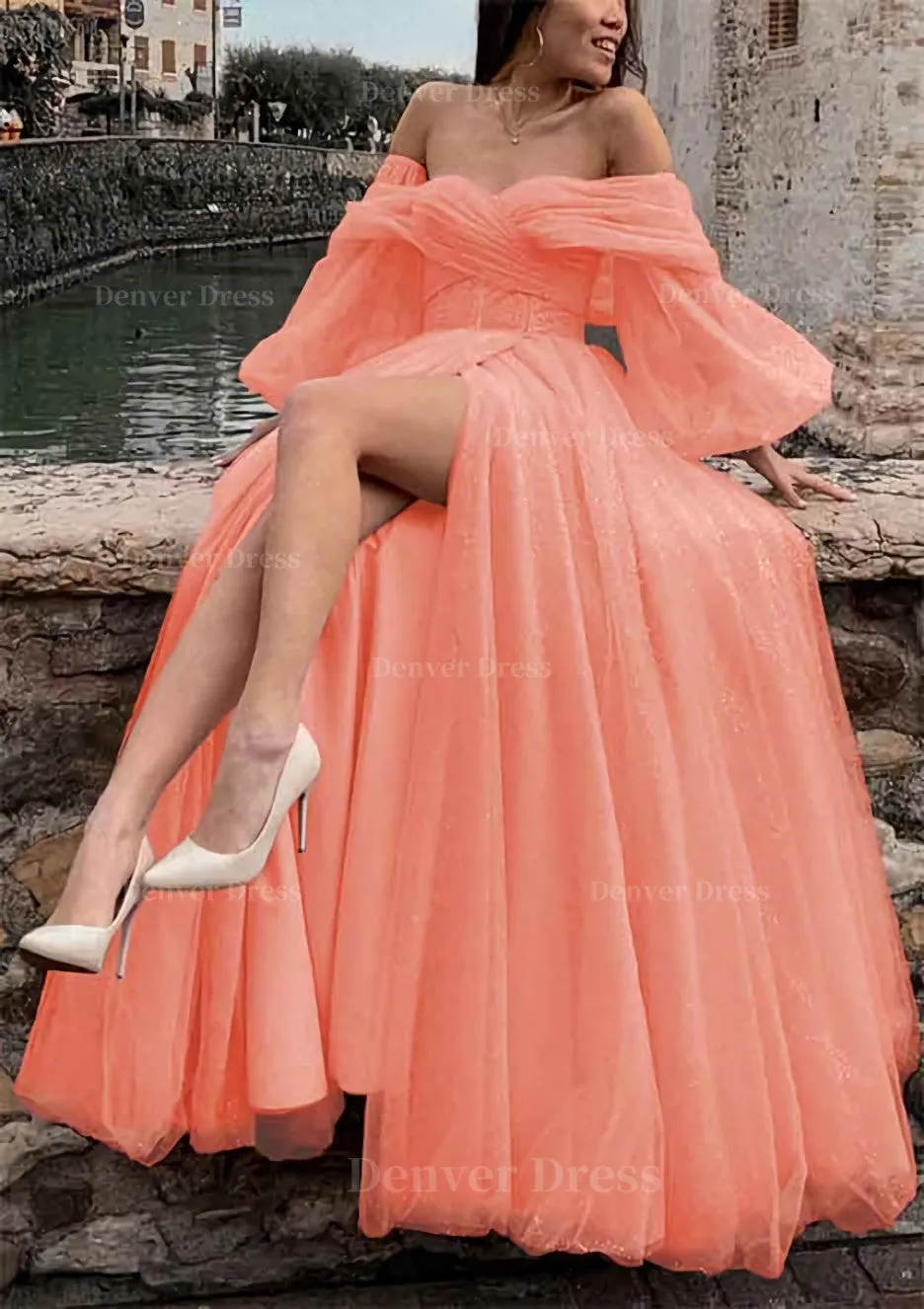 Princess Off-the-Shoulder Sweep Train Tulle Prom Dress With Pleated Split