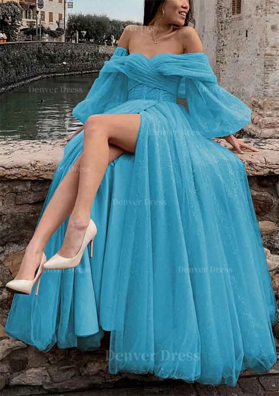 Princess Off-the-Shoulder Sweep Train Tulle Prom Dress With Pleated Split