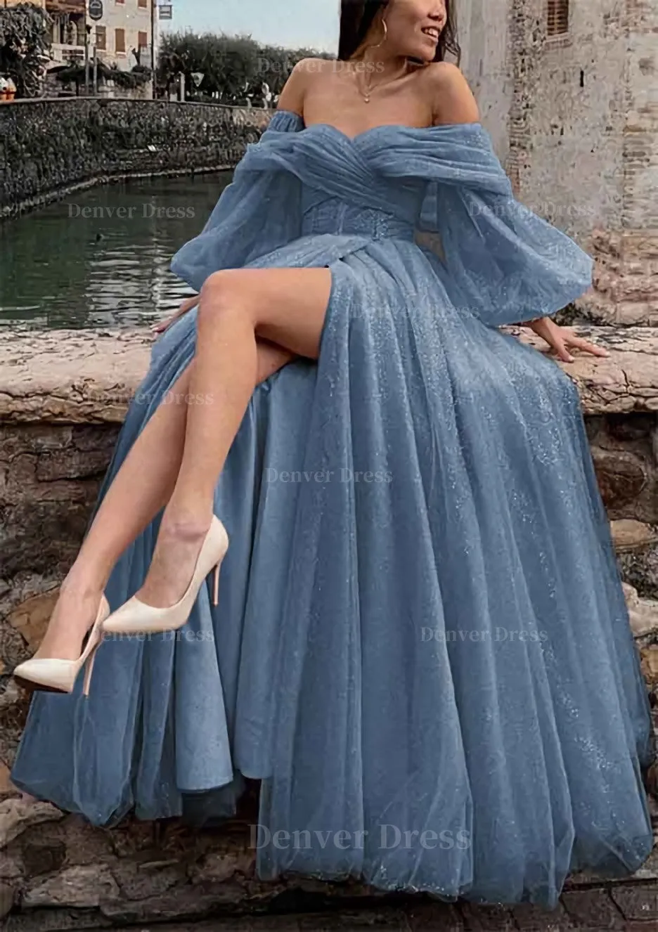 Princess Off-the-Shoulder Sweep Train Tulle Prom Dress With Pleated Split