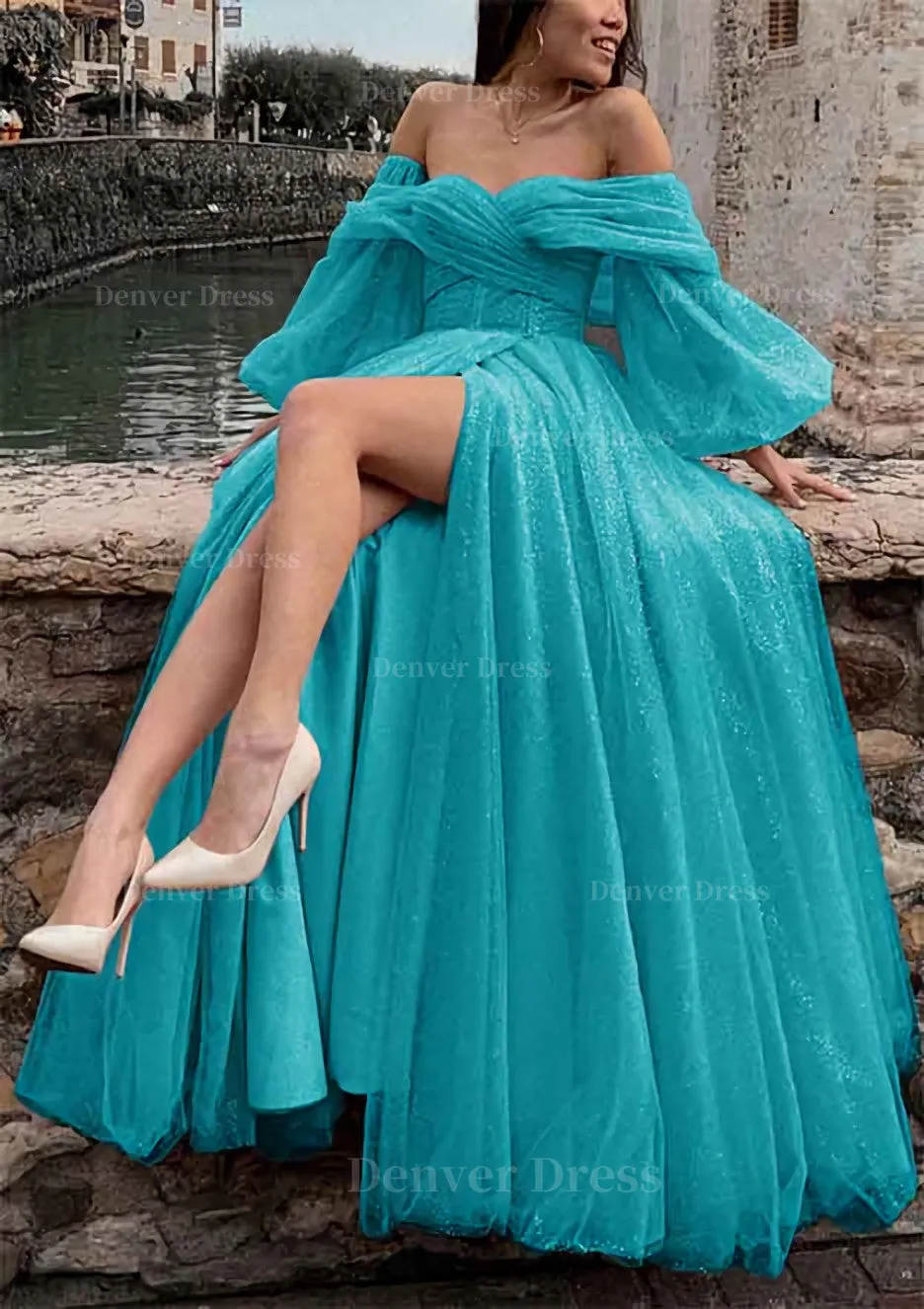 Princess Off-the-Shoulder Sweep Train Tulle Prom Dress With Pleated Split