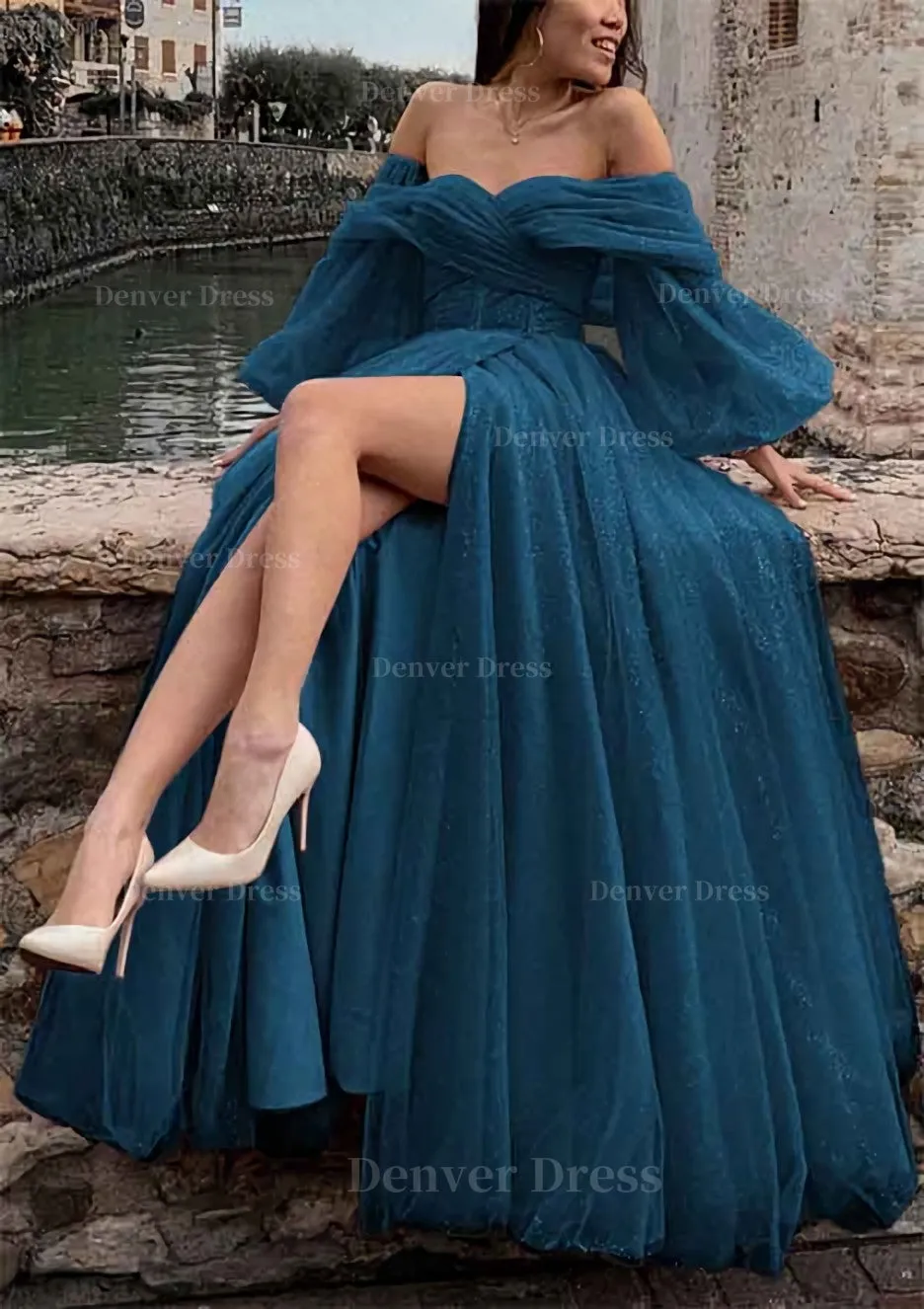 Princess Off-the-Shoulder Sweep Train Tulle Prom Dress With Pleated Split