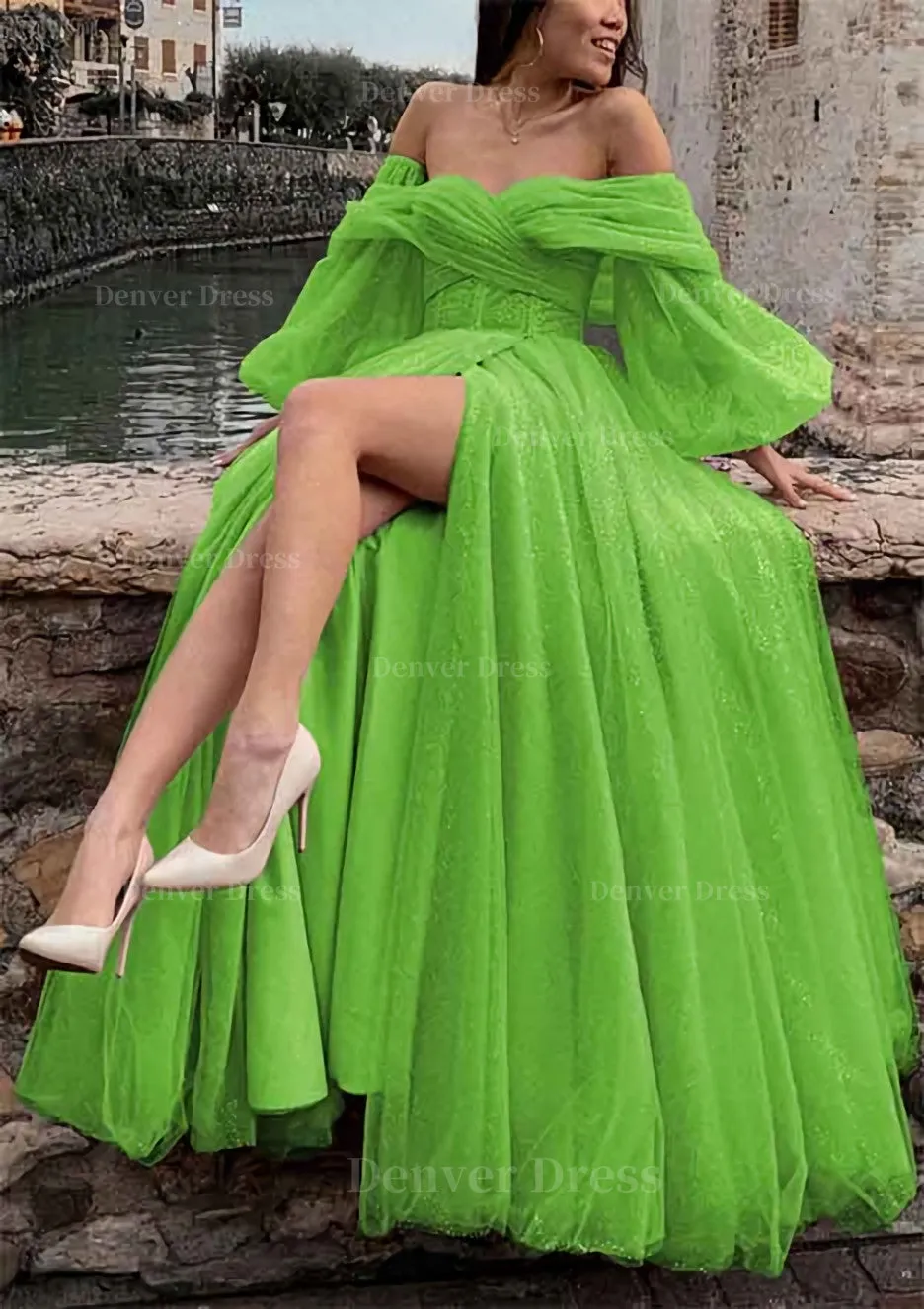 Princess Off-the-Shoulder Sweep Train Tulle Prom Dress With Pleated Split