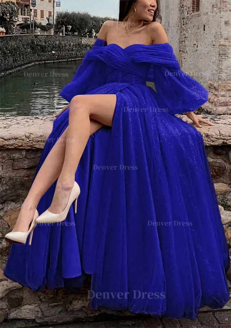 Princess Off-the-Shoulder Sweep Train Tulle Prom Dress With Pleated Split