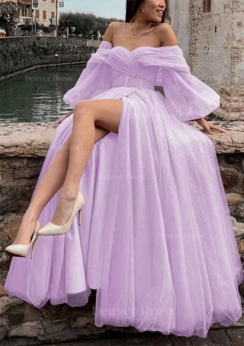 Princess Off-the-Shoulder Sweep Train Tulle Prom Dress With Pleated Split