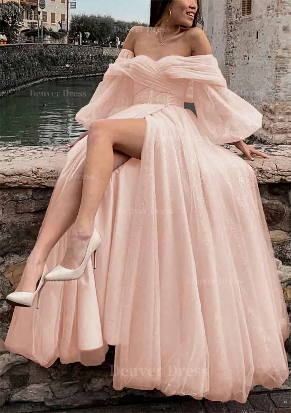 Princess Off-the-Shoulder Sweep Train Tulle Prom Dress With Pleated Split