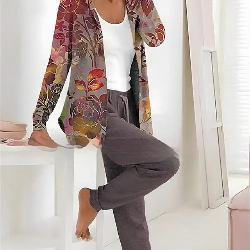 Printed Cardigan Coat Solid Color Two-piece Pants