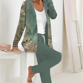 Printed Cardigan Coat Solid Color Two-piece Pants