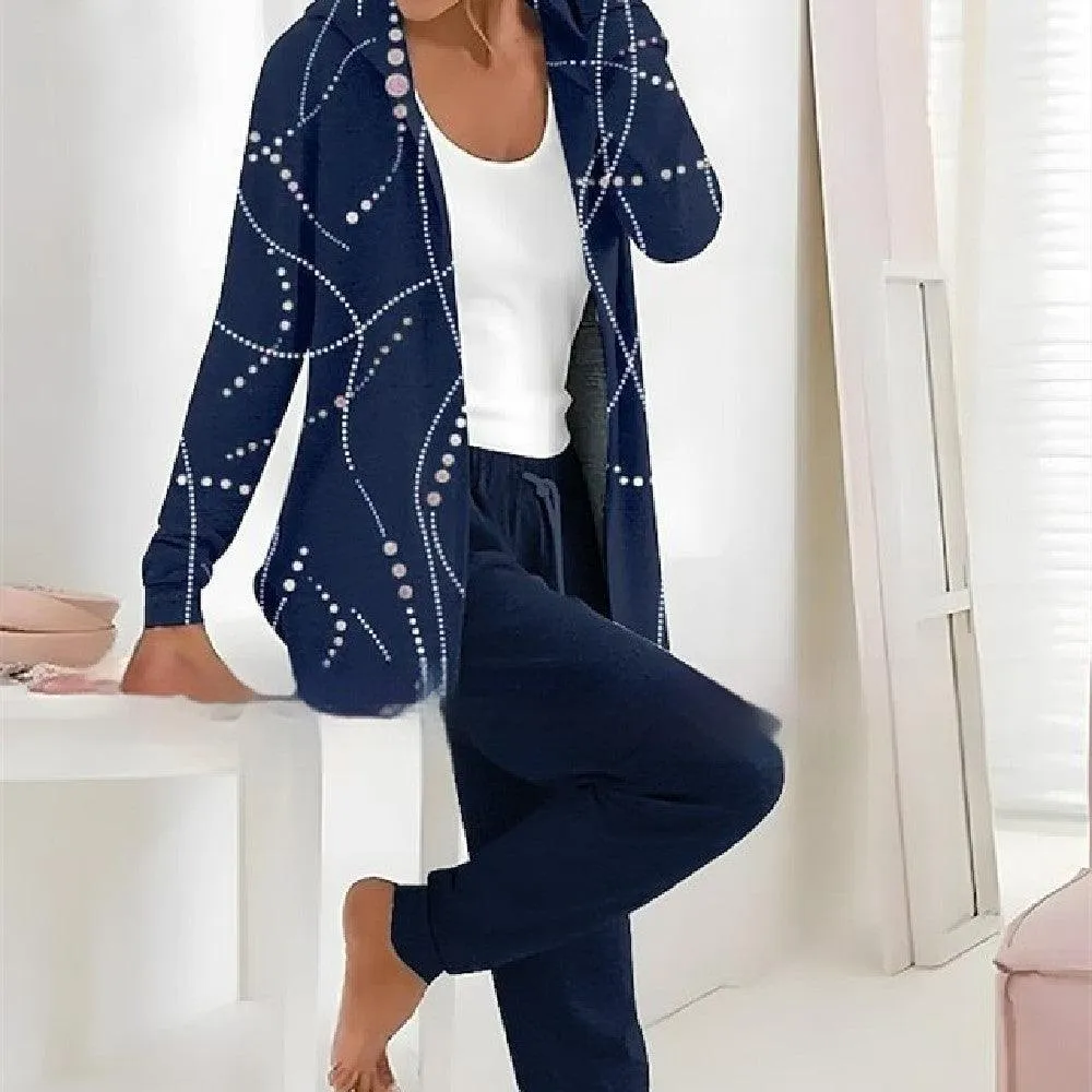 Printed Cardigan Coat Solid Color Two-piece Pants