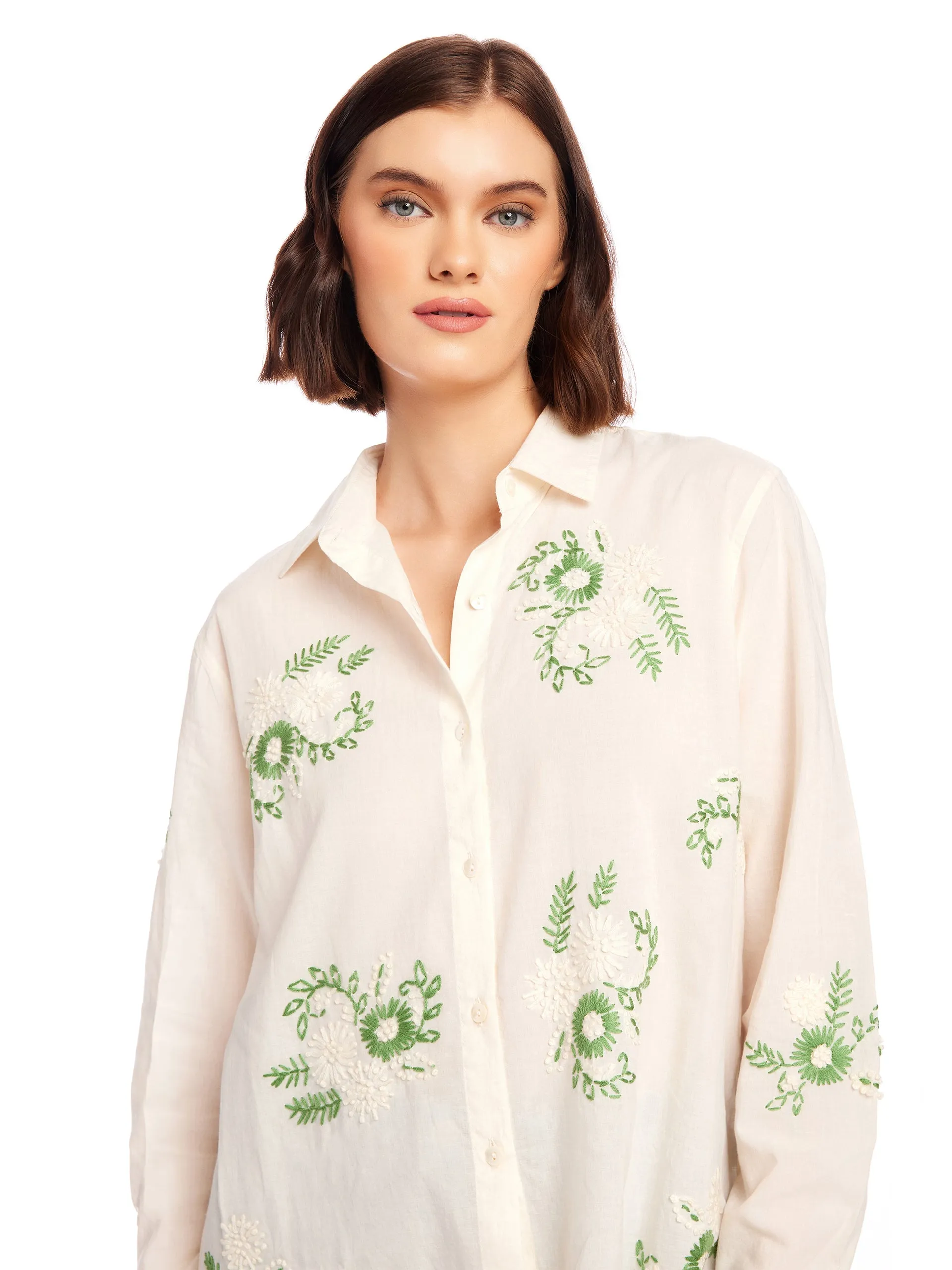 PRINTED COTTON BUTTON UP SHIRT - CREAM