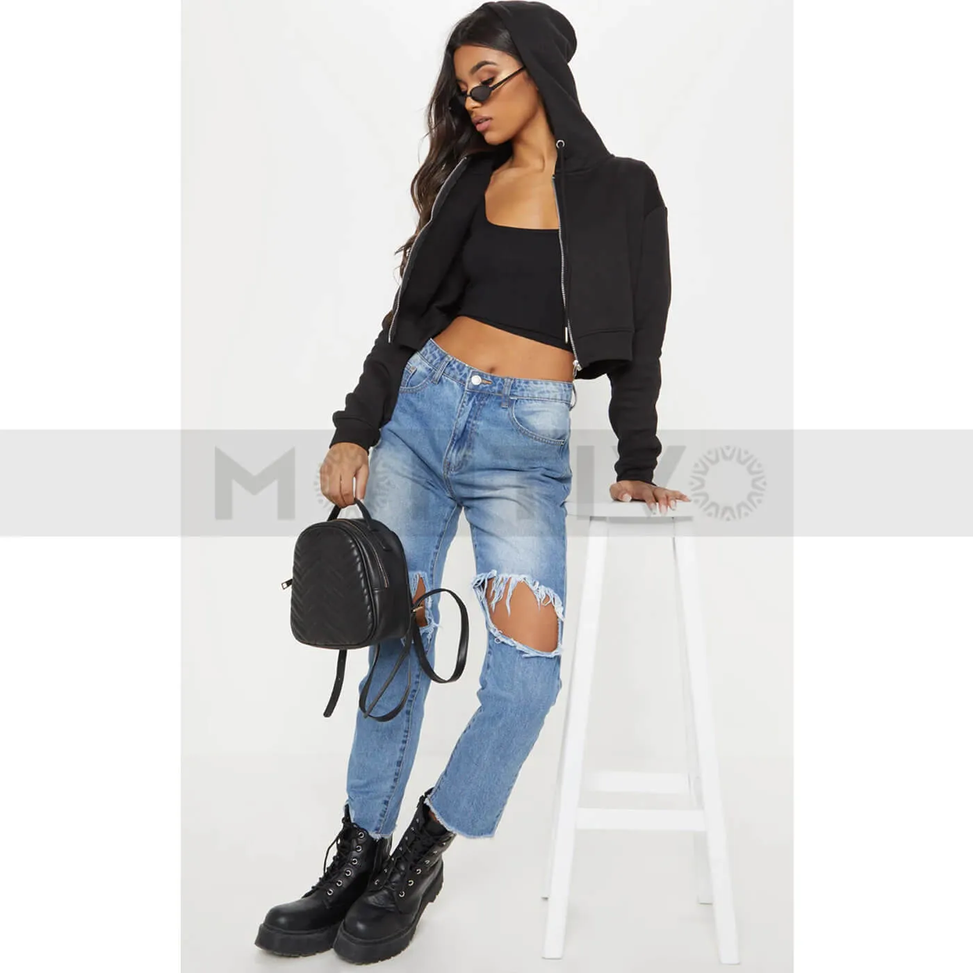 PTL Black Crop Zip Hoodie