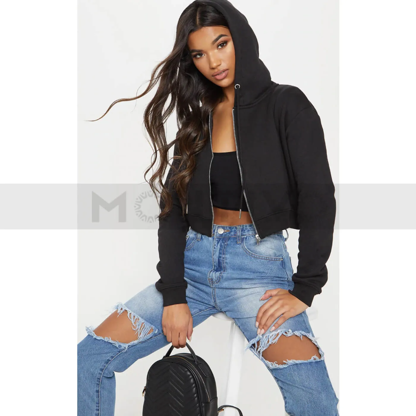 PTL Black Crop Zip Hoodie