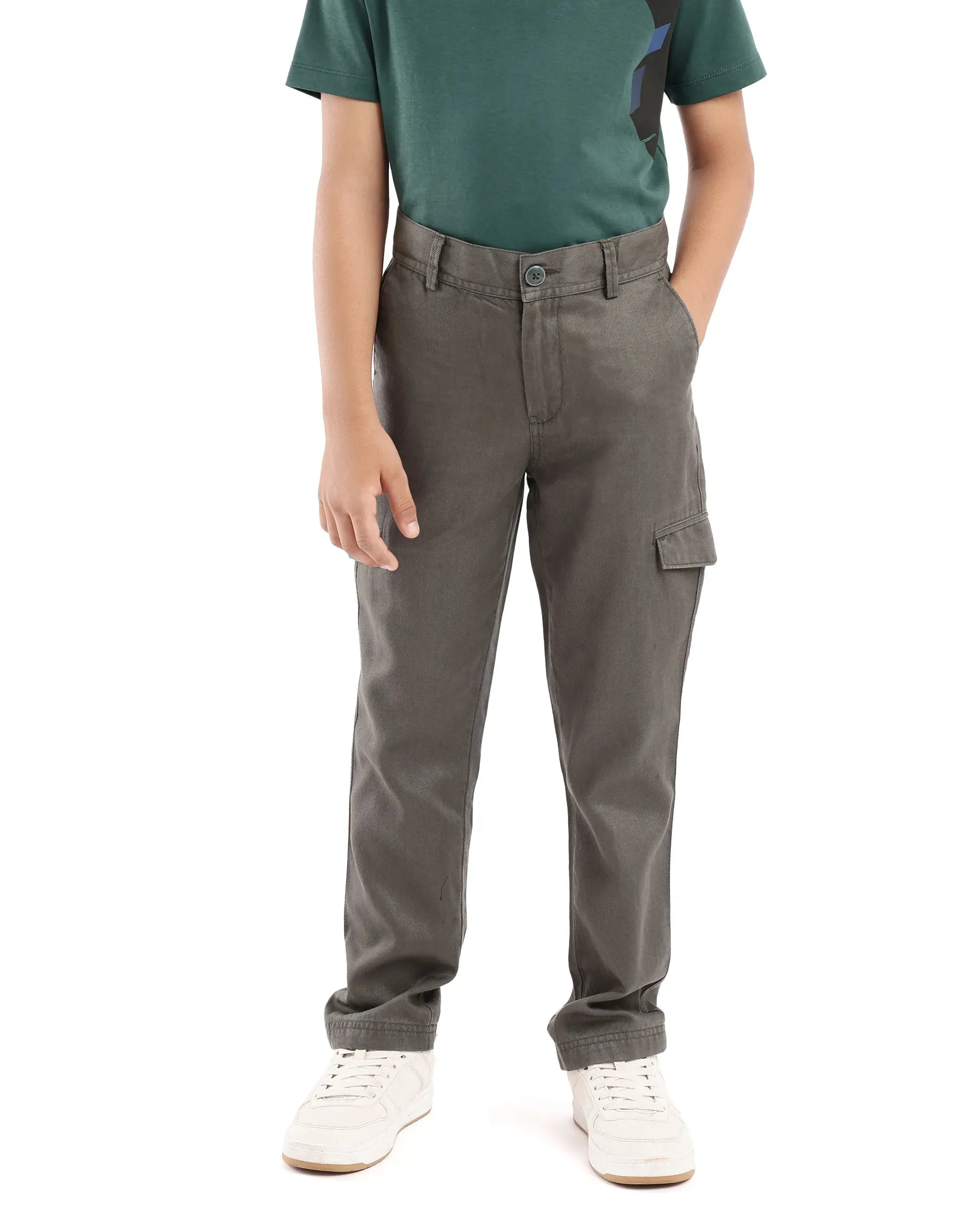 Rare Ones Kids Meir Olive Excel Cotton Regular Fit Solid Cargo Trouser