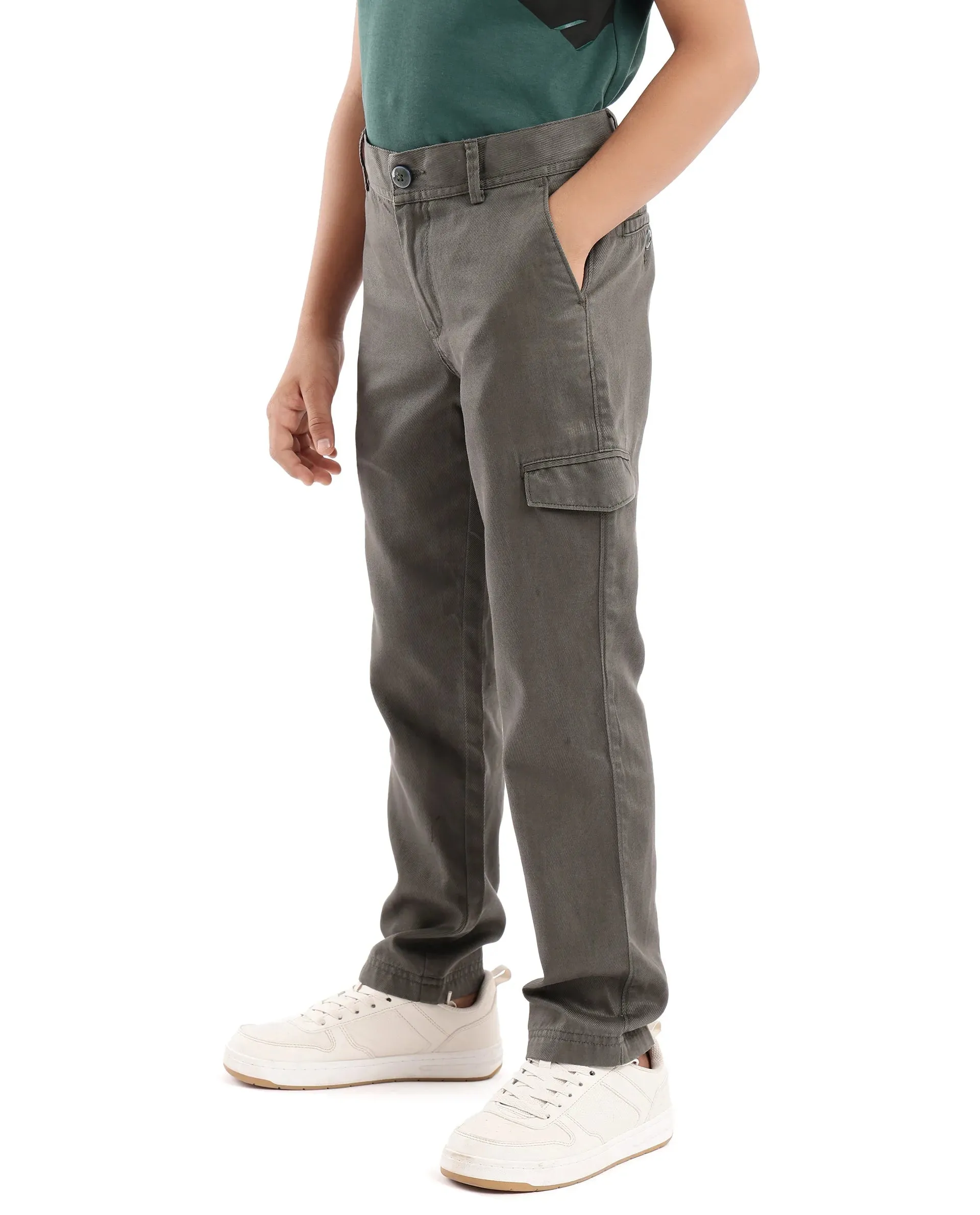 Rare Ones Kids Meir Olive Excel Cotton Regular Fit Solid Cargo Trouser