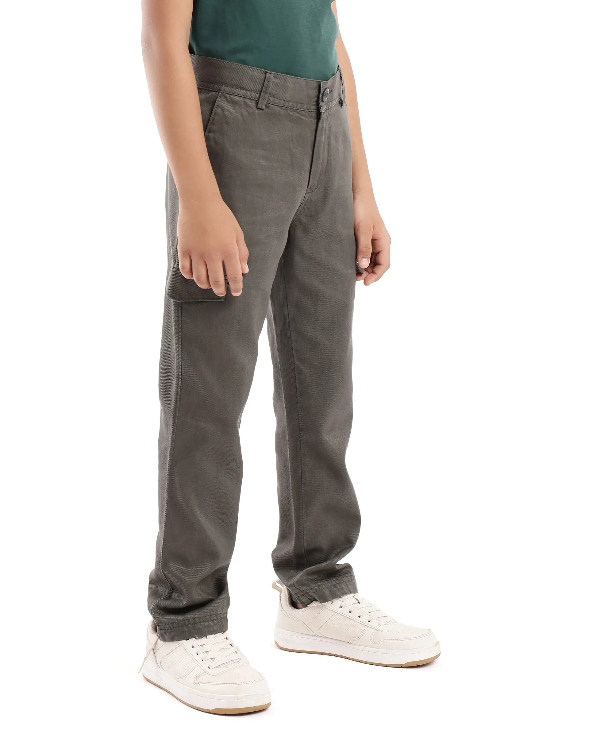 Rare Ones Kids Meir Olive Excel Cotton Regular Fit Solid Cargo Trouser