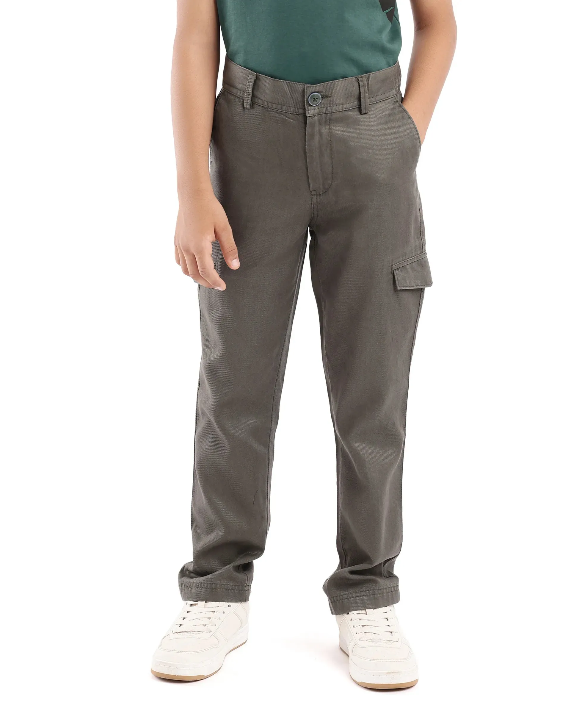 Rare Ones Kids Meir Olive Excel Cotton Regular Fit Solid Cargo Trouser