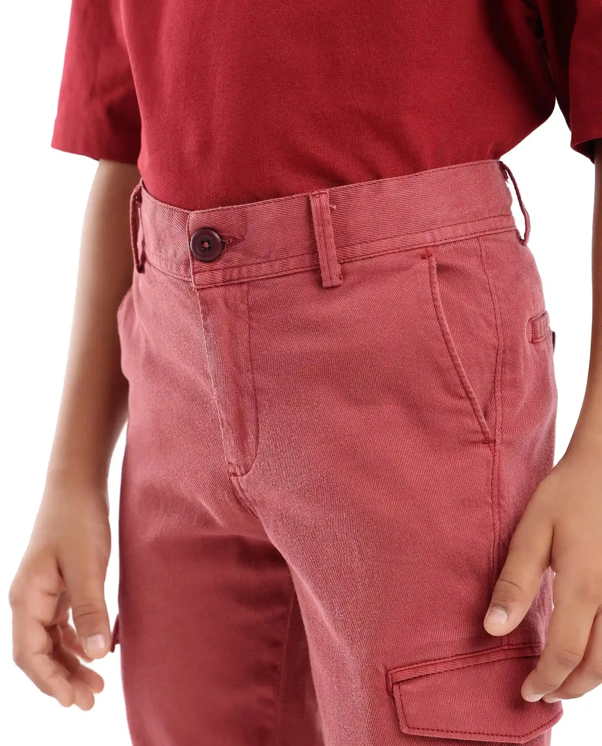 Rare Ones Kids Meir Red Excel Cotton Regular Fit Solid Cargo Trouser