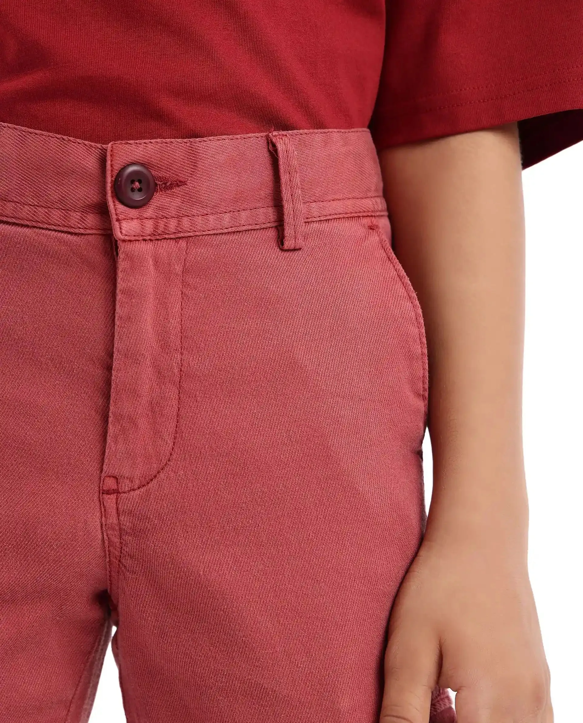 Rare Ones Kids Meir Red Excel Cotton Regular Fit Solid Cargo Trouser