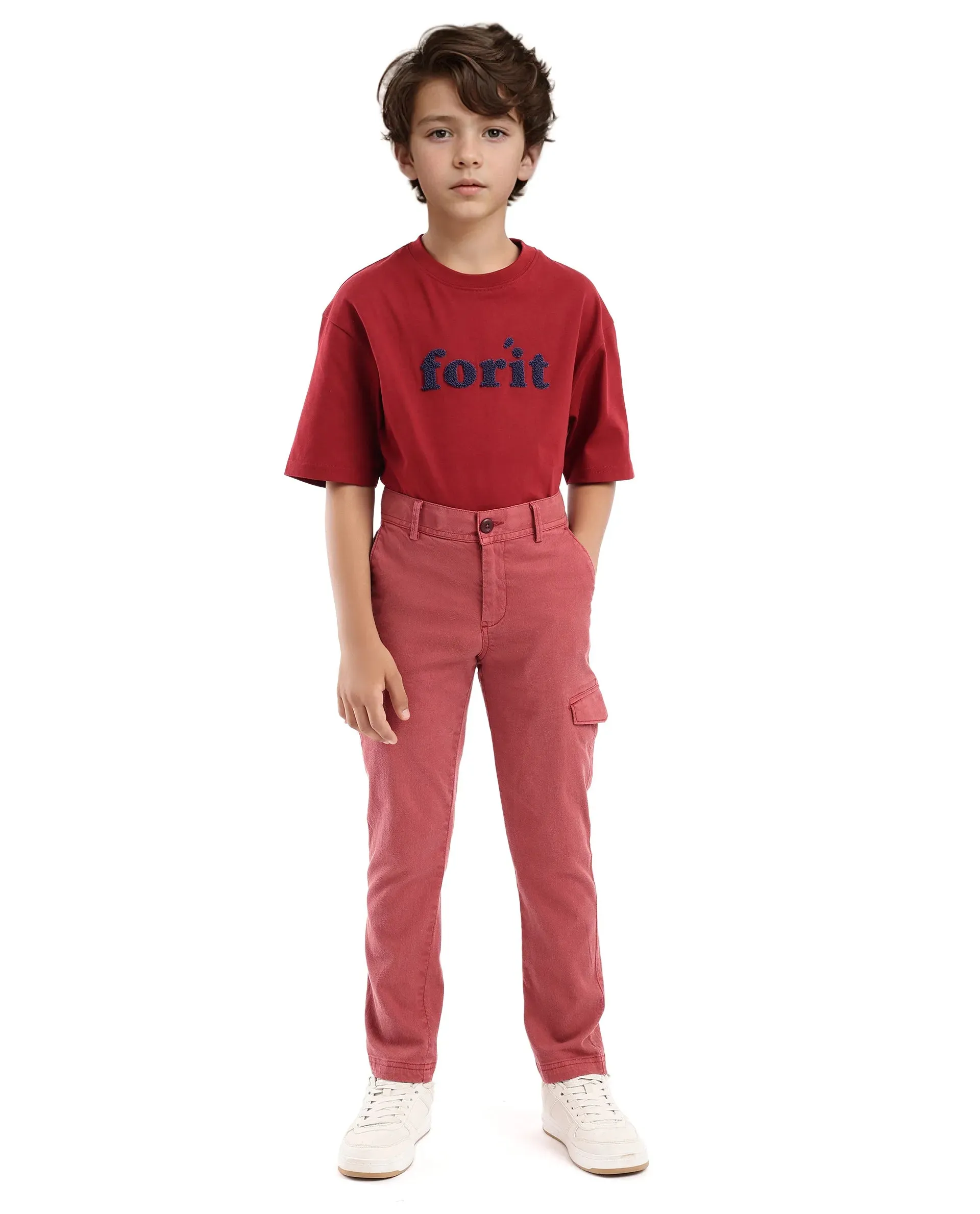 Rare Ones Kids Meir Red Excel Cotton Regular Fit Solid Cargo Trouser