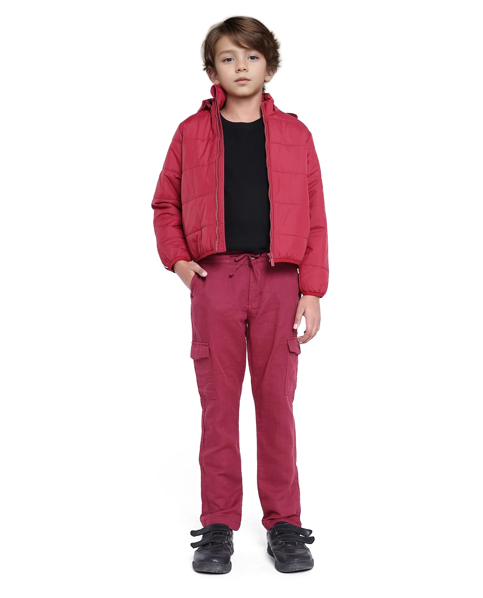 Rare Ones Kids Presti Maroon Cotton Solid Cargo