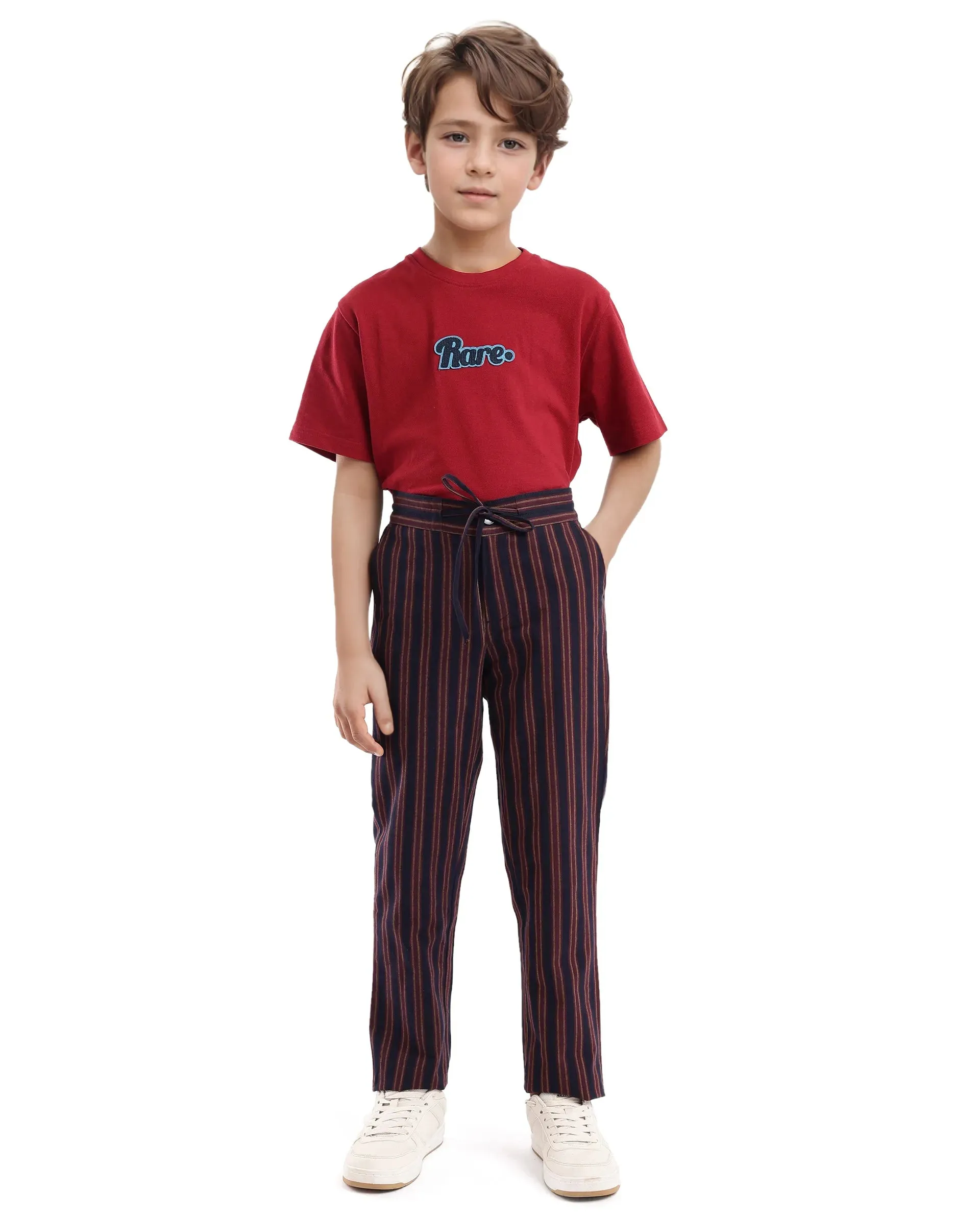 Rare Ones Kids Wren Maroon Cotton Regular Fit Button and Drawstring Closure Striped Trouser