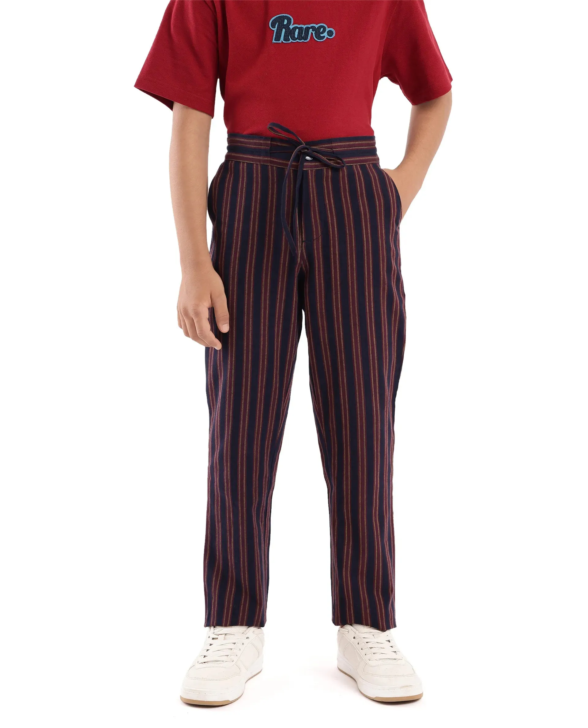 Rare Ones Kids Wren Maroon Cotton Regular Fit Button and Drawstring Closure Striped Trouser