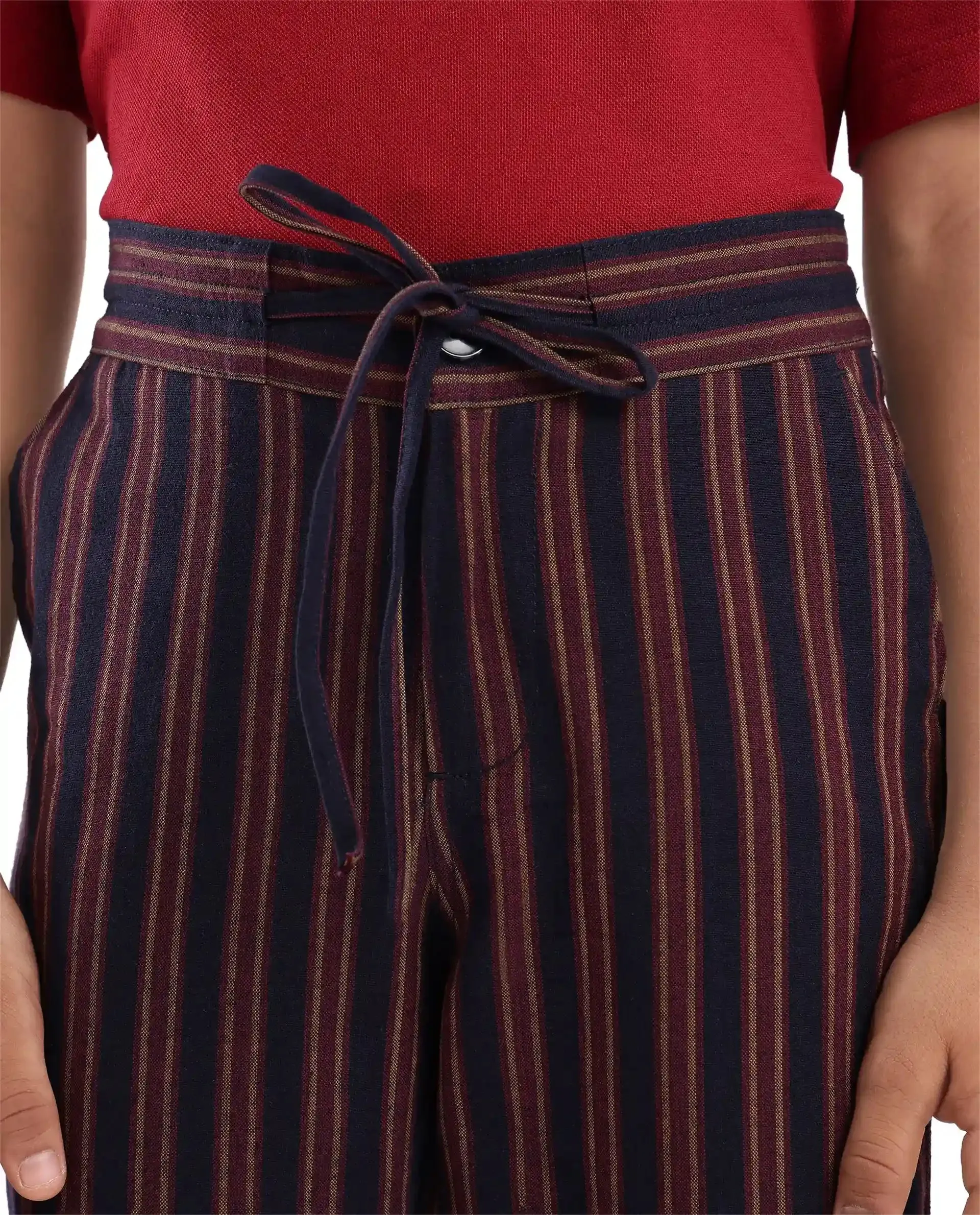 Rare Ones Kids Wren Maroon Cotton Regular Fit Button and Drawstring Closure Striped Trouser