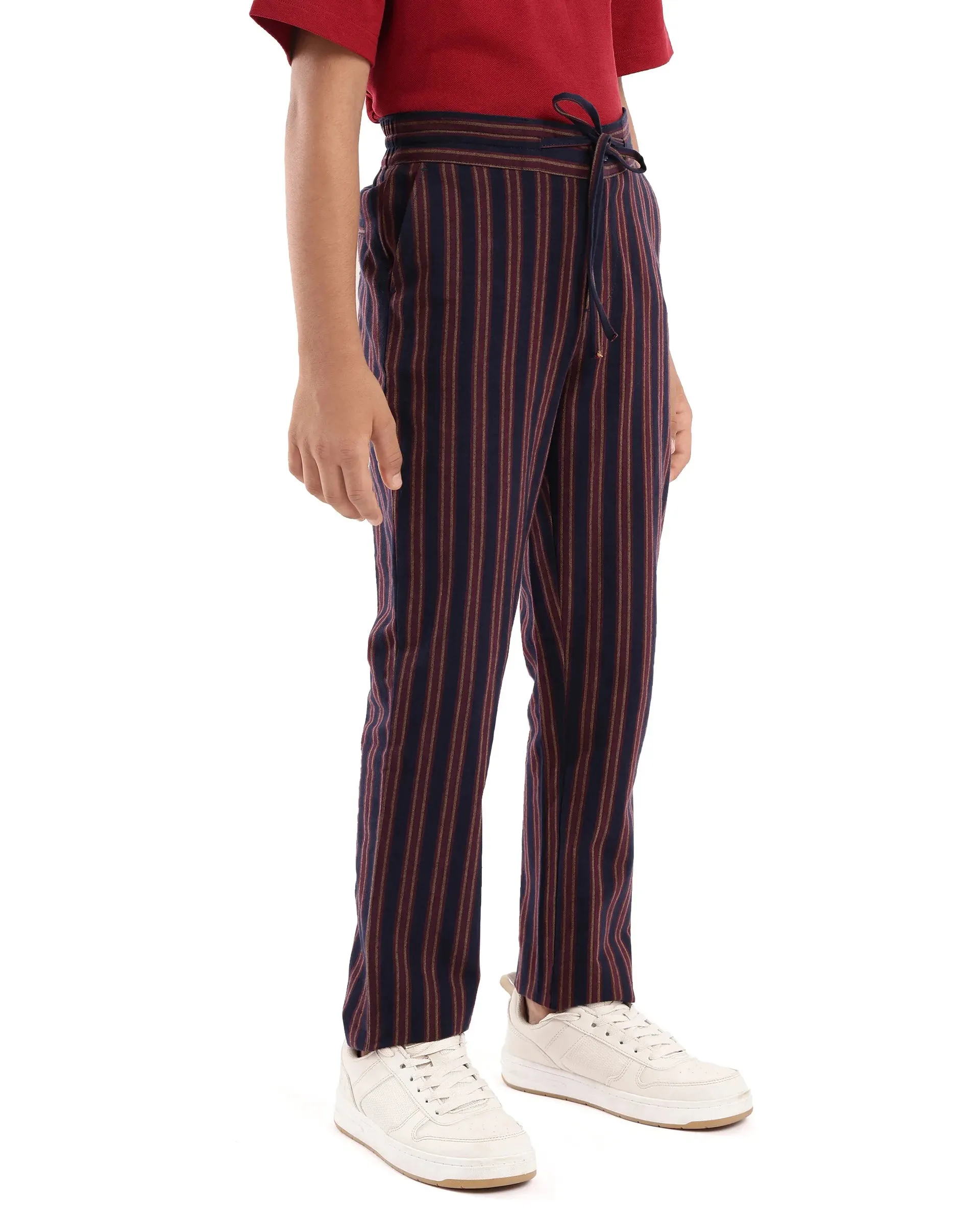 Rare Ones Kids Wren Maroon Cotton Regular Fit Button and Drawstring Closure Striped Trouser