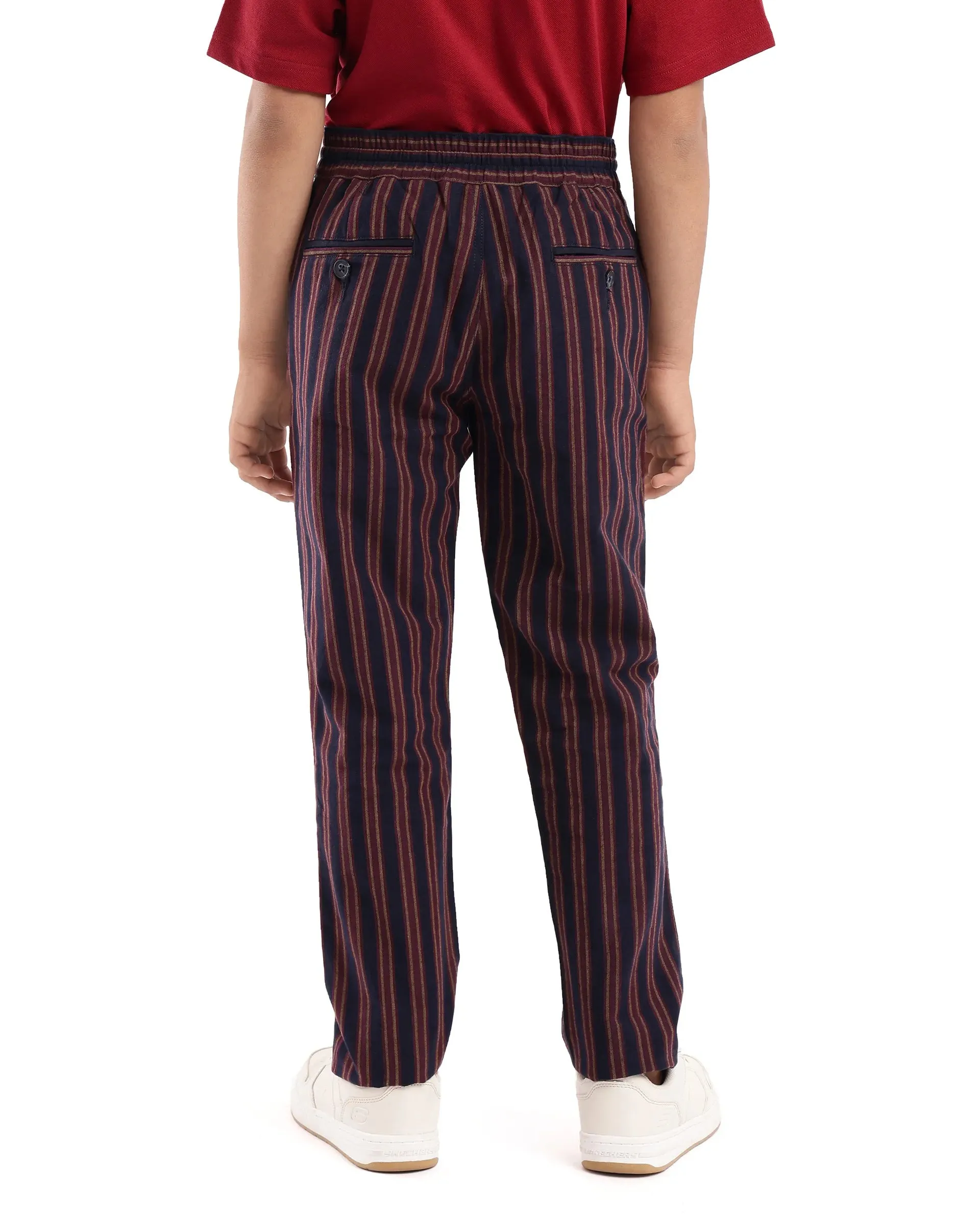 Rare Ones Kids Wren Maroon Cotton Regular Fit Button and Drawstring Closure Striped Trouser