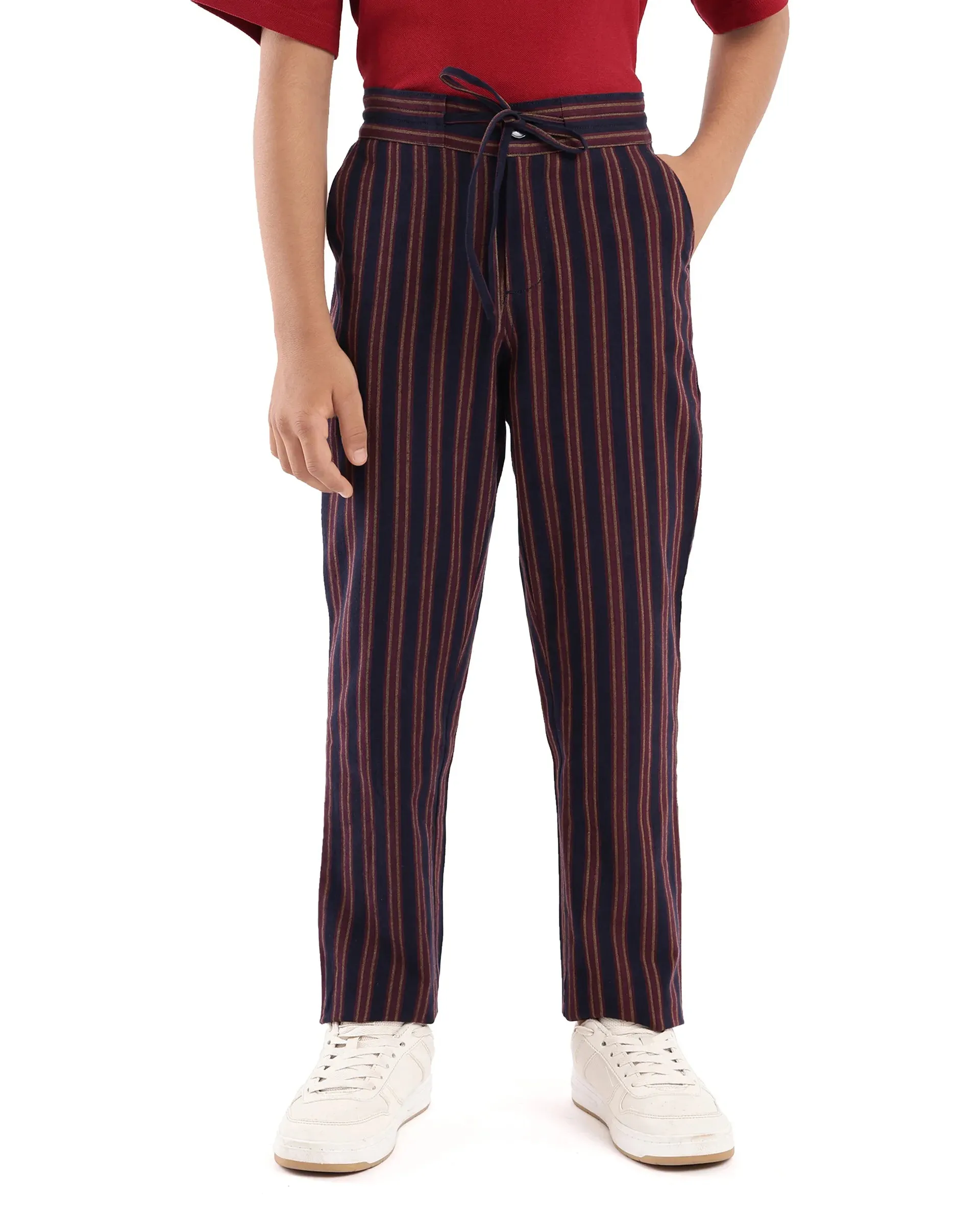 Rare Ones Kids Wren Maroon Cotton Regular Fit Button and Drawstring Closure Striped Trouser