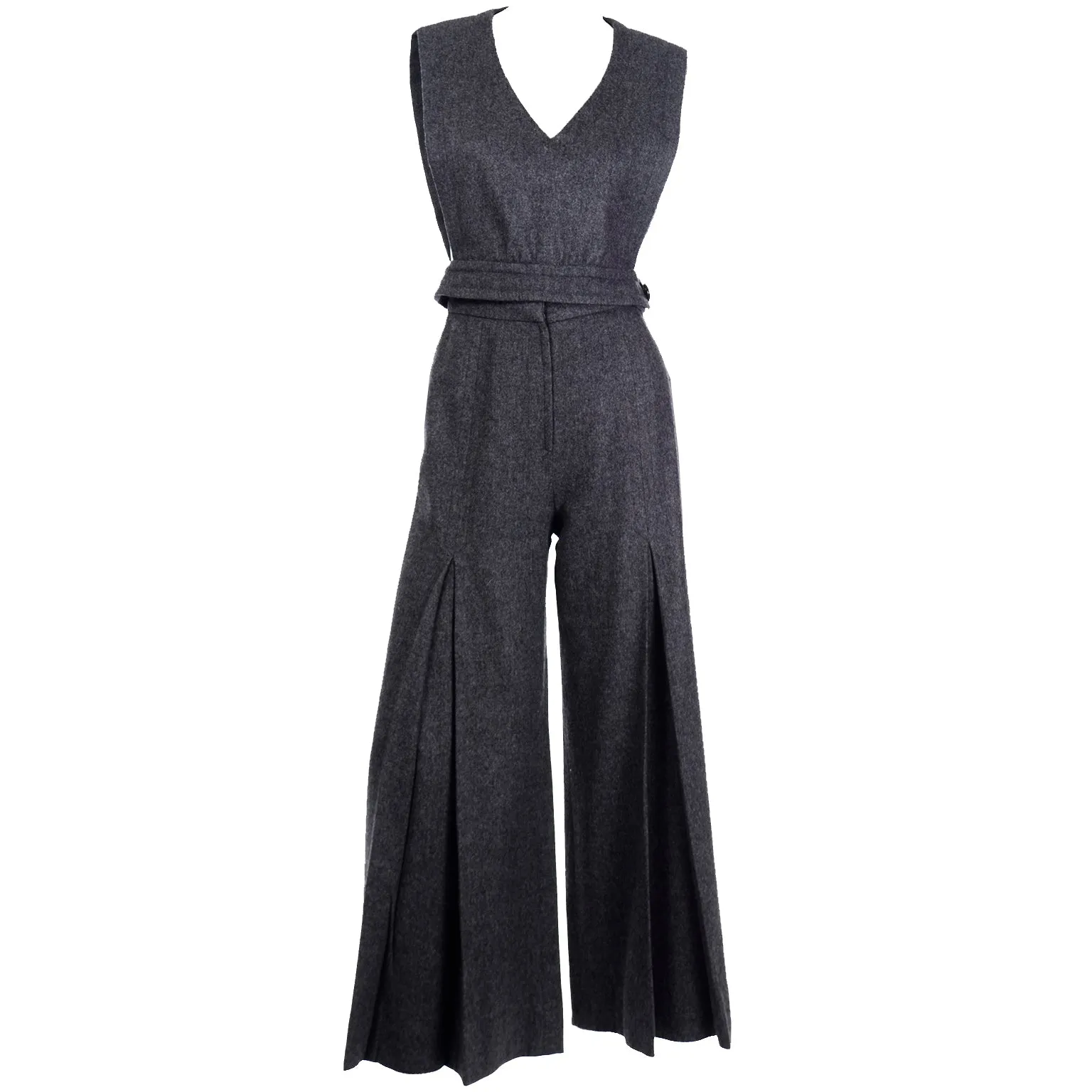 Rare Pierre Cardin 1970s Grey Wool Wide Leg Pants & Vest Top Pantsuit