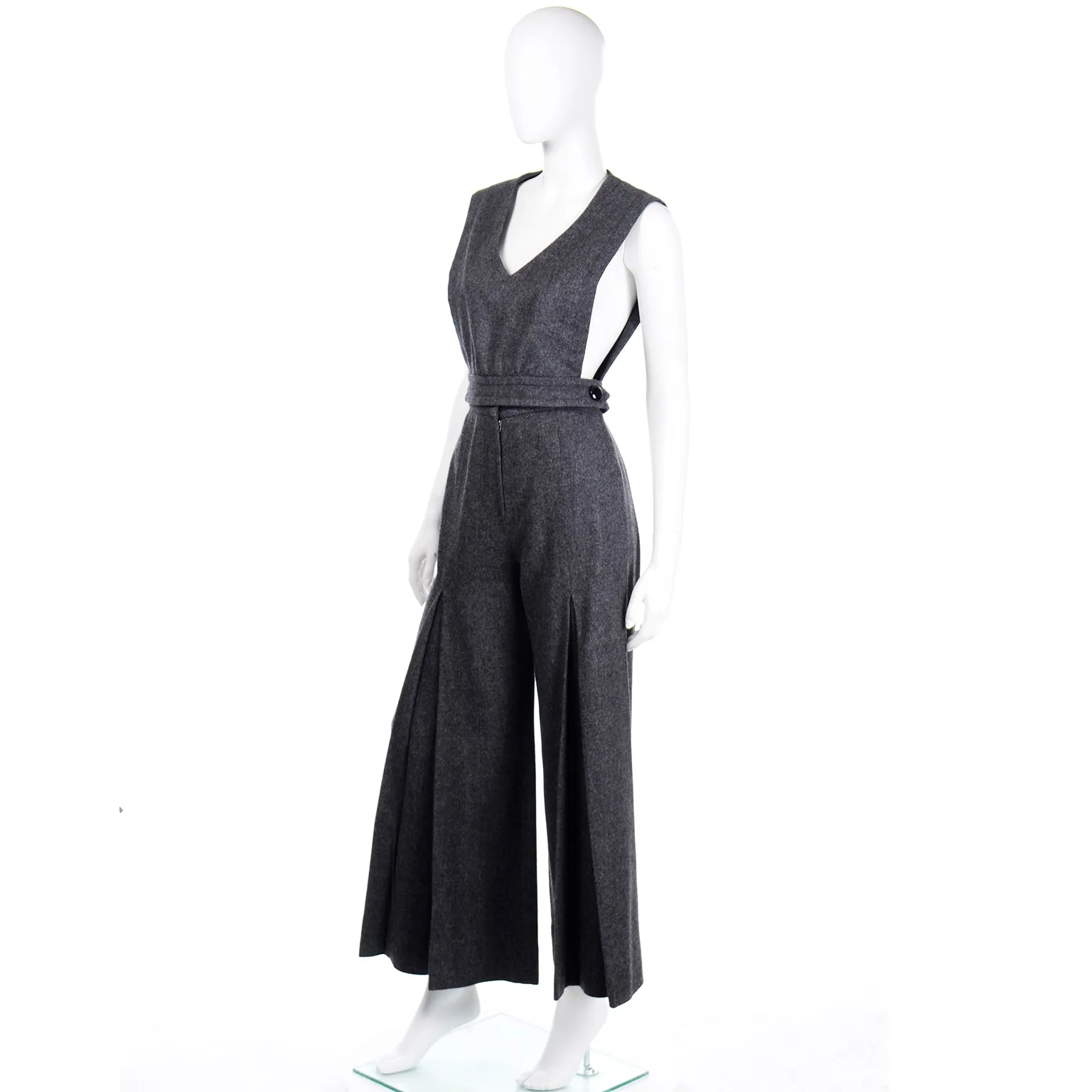 Rare Pierre Cardin 1970s Grey Wool Wide Leg Pants & Vest Top Pantsuit