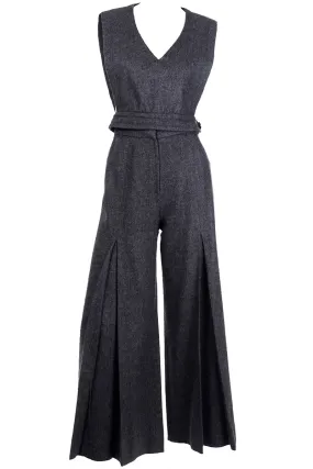 Rare Pierre Cardin 1970s Grey Wool Wide Leg Pants & Vest Top Pantsuit