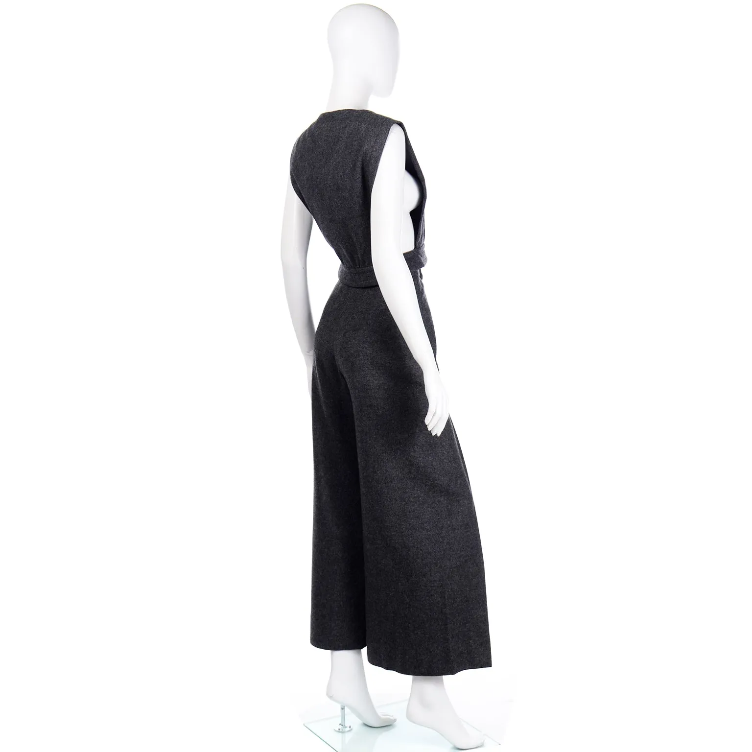 Rare Pierre Cardin 1970s Grey Wool Wide Leg Pants & Vest Top Pantsuit