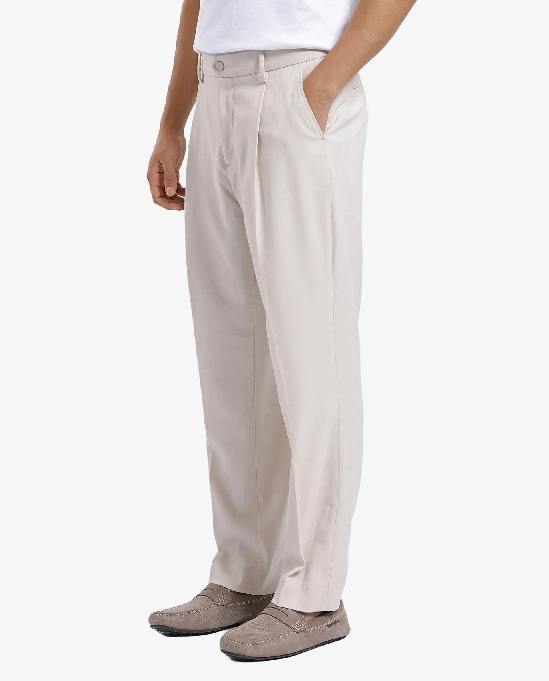 Rare Rabbit Men Branter Off White Polyester Rayon Fabric Mid Rise Pleated Relaxed Fit Trouser