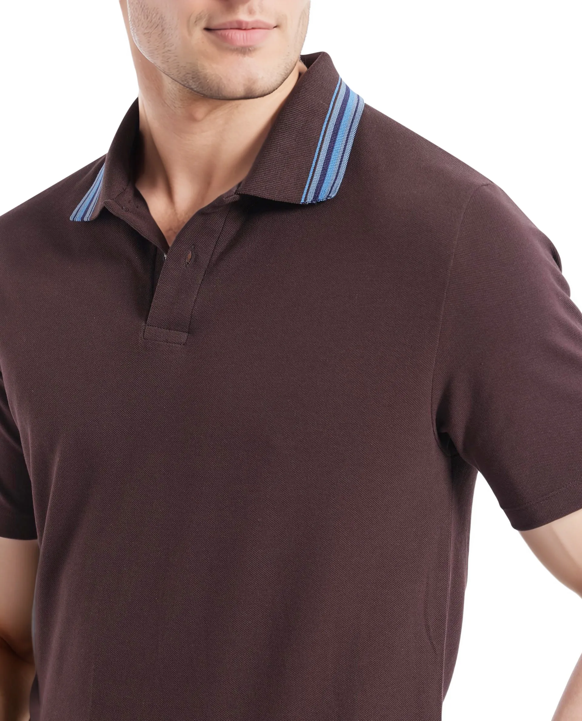 Rare Rabbit Men Clark Dark Brown Short Sleeve Collared Neck Button Closure Plain Polo