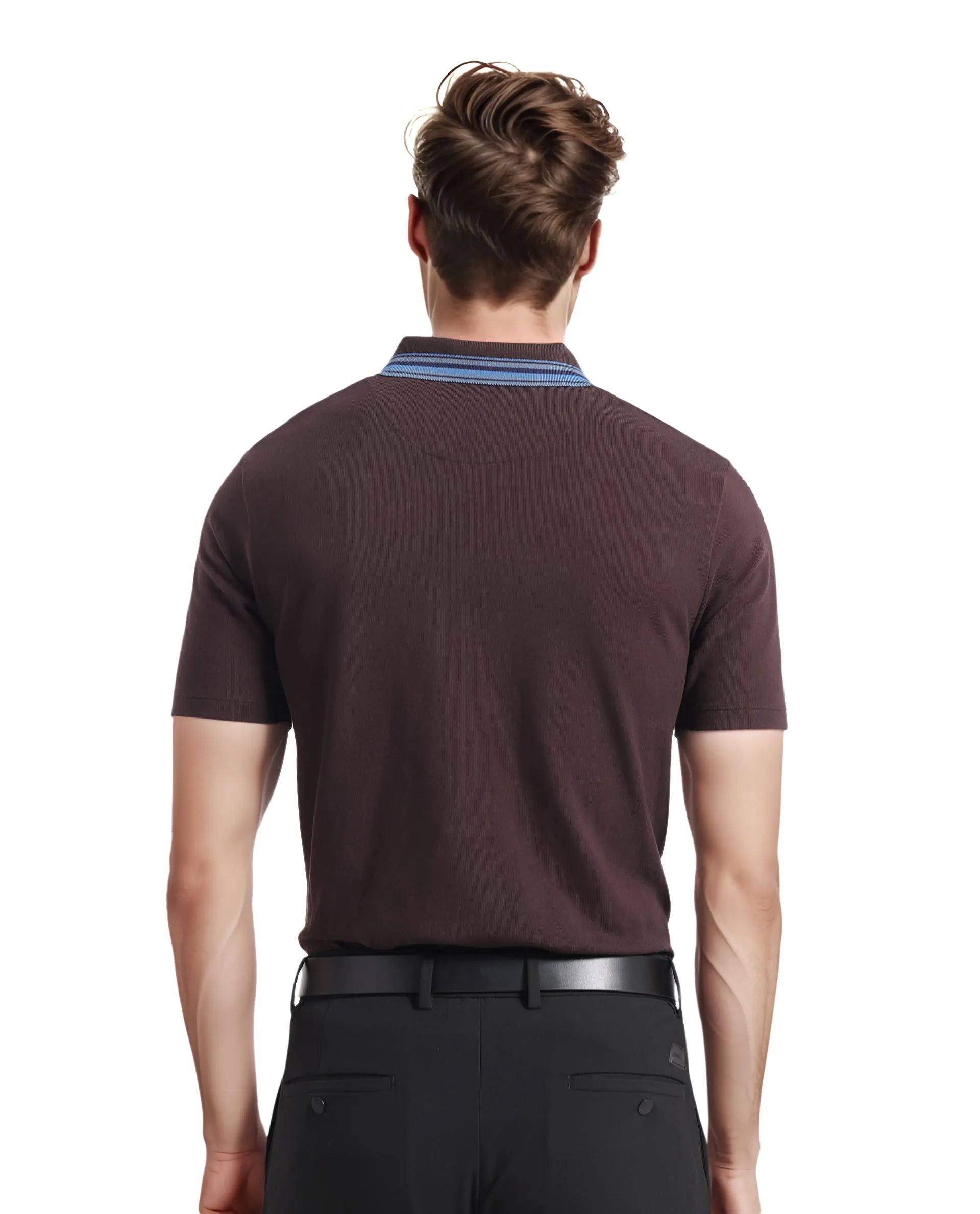 Rare Rabbit Men Clark Dark Brown Short Sleeve Collared Neck Button Closure Plain Polo