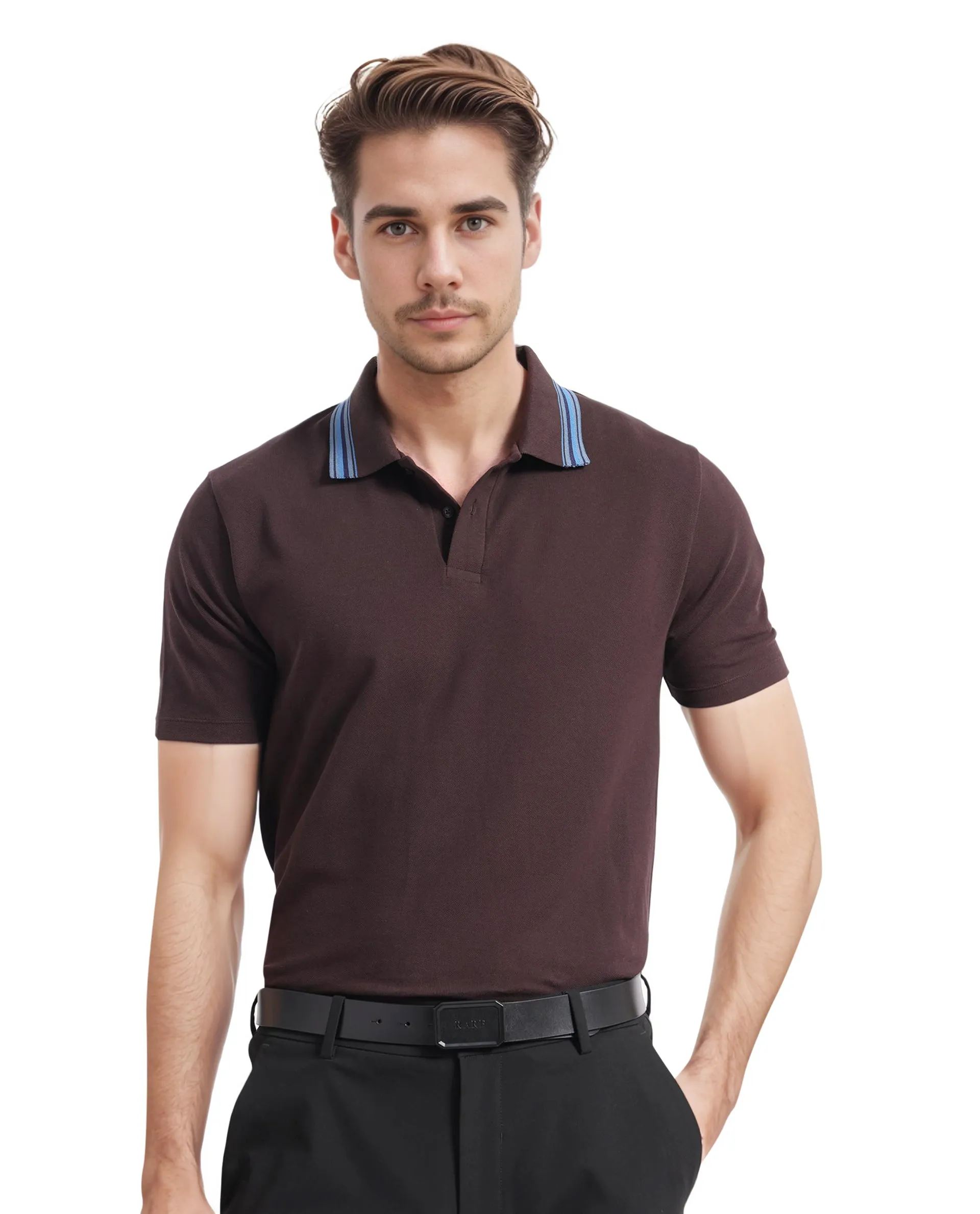 Rare Rabbit Men Clark Dark Brown Short Sleeve Collared Neck Button Closure Plain Polo