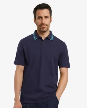 Rare Rabbit Men Clark Dark Navy Cotton Fabric Contrasting Collar Short Sleeve Button Closure Plain Polo